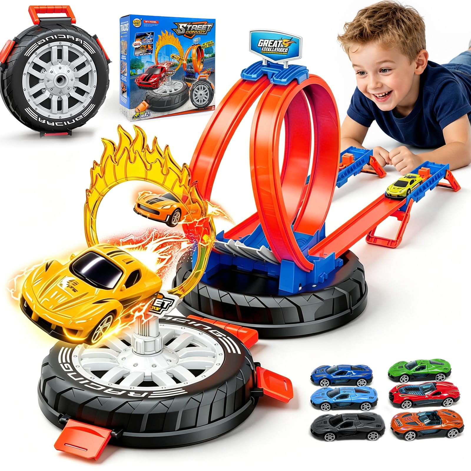 Circuit De Course pour Enfants Comprend 6 Petites Voitures, 2 Rampes Et 1 Boîte De Rangement pour Les Pneus. Convient Aux Filles Et Aux Garçons De 3 À 6 Ans