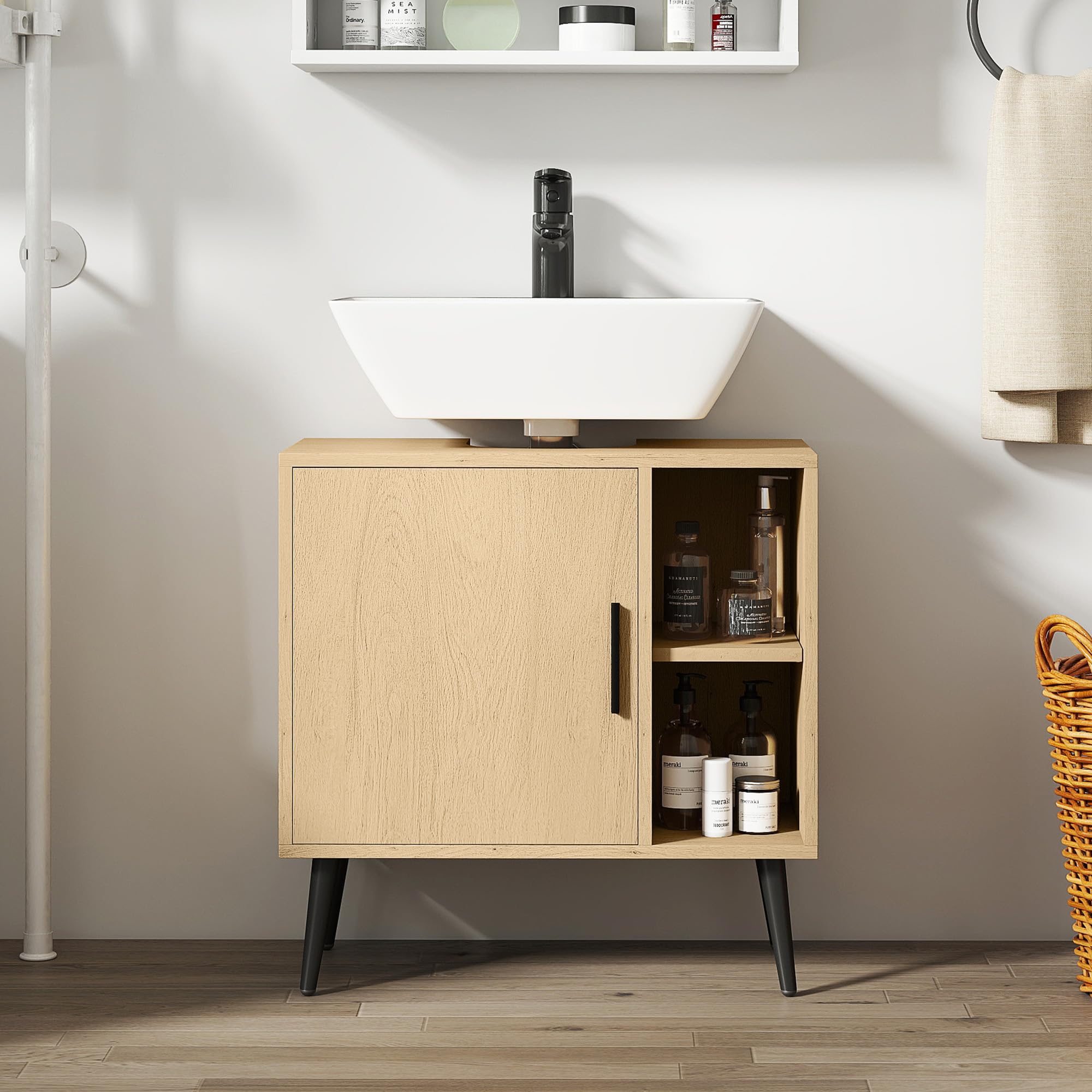 HOMCOM Meuble sous lavabo Salle de Bain, Meuble sous Vasque Industriel avec Porte à Fermeture Progressive et étagère réglable, 60 x 30 x 59,5 cm, chêne