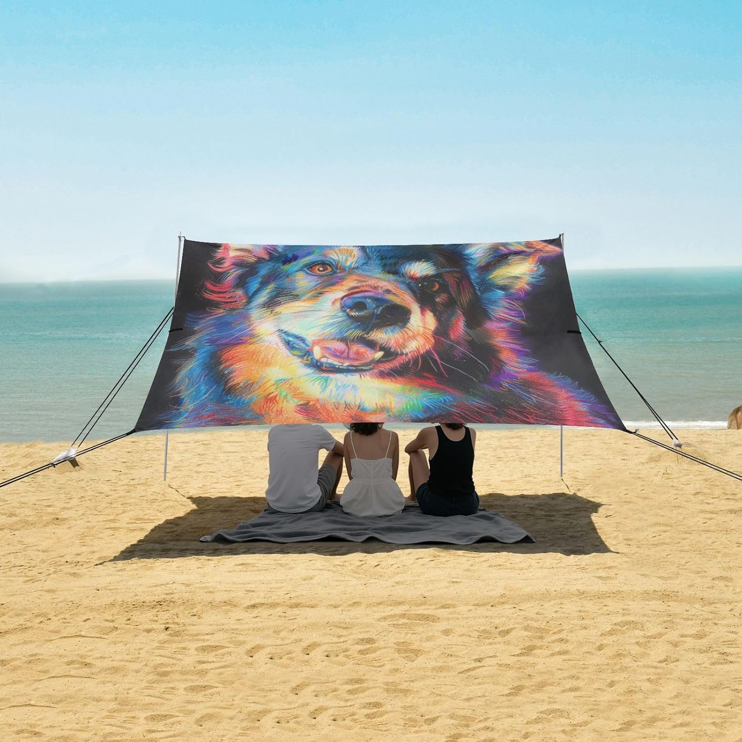 ALAZA Dog Crayon Drawing Beach Tent Sun Shelter UPF50+ Protection Beach Shade Canopy w/ 4 Sandbags for Outdoor Camping, Fishing, Backyard Fun, Picnic, 10x9 ft