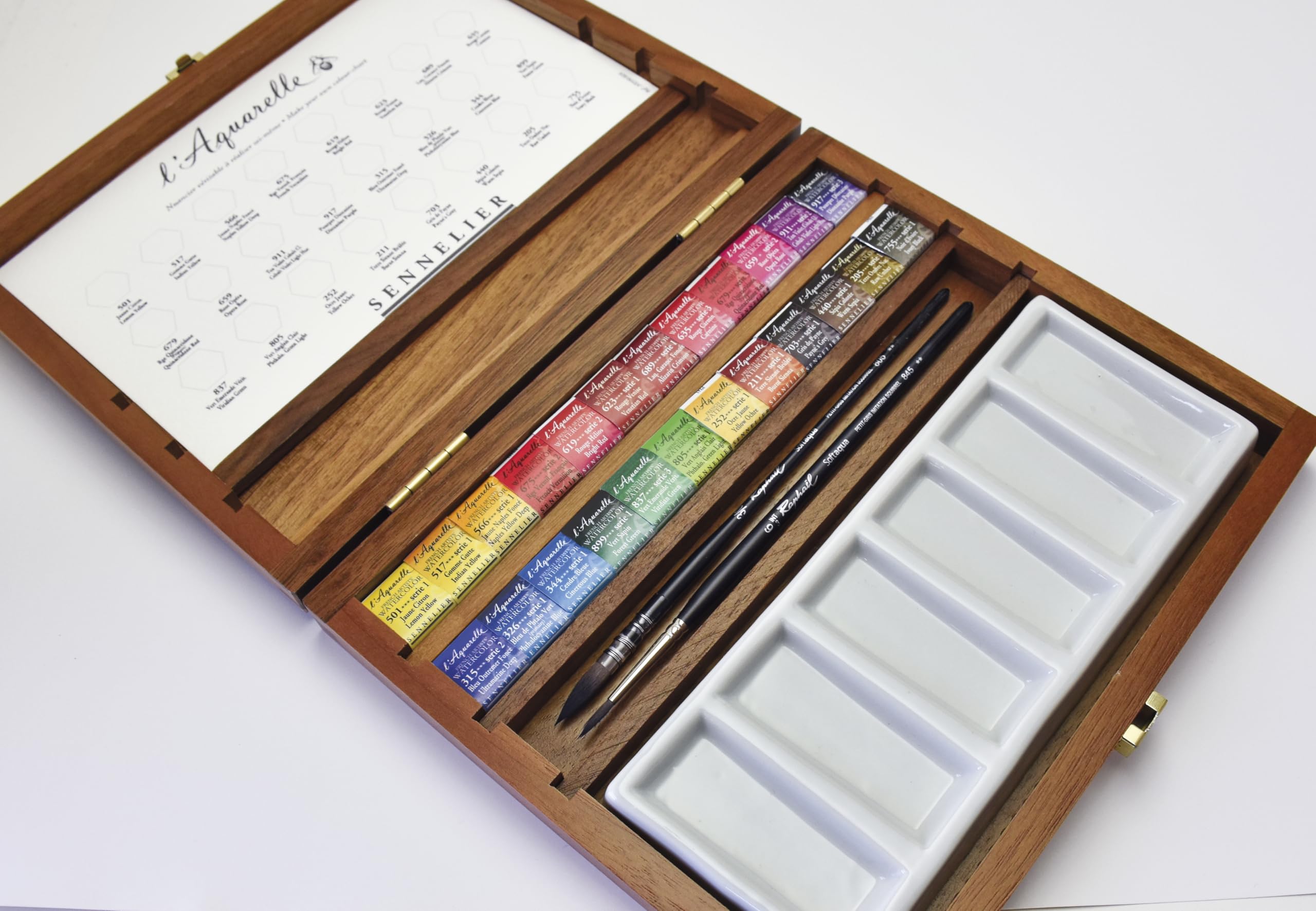 Sennelier L'Aquarelle Wood Watercolor Half Pan Set, 24 Half Pans, Porcelain Palette, Brushes Size 2 and 3 (10-131614-00)