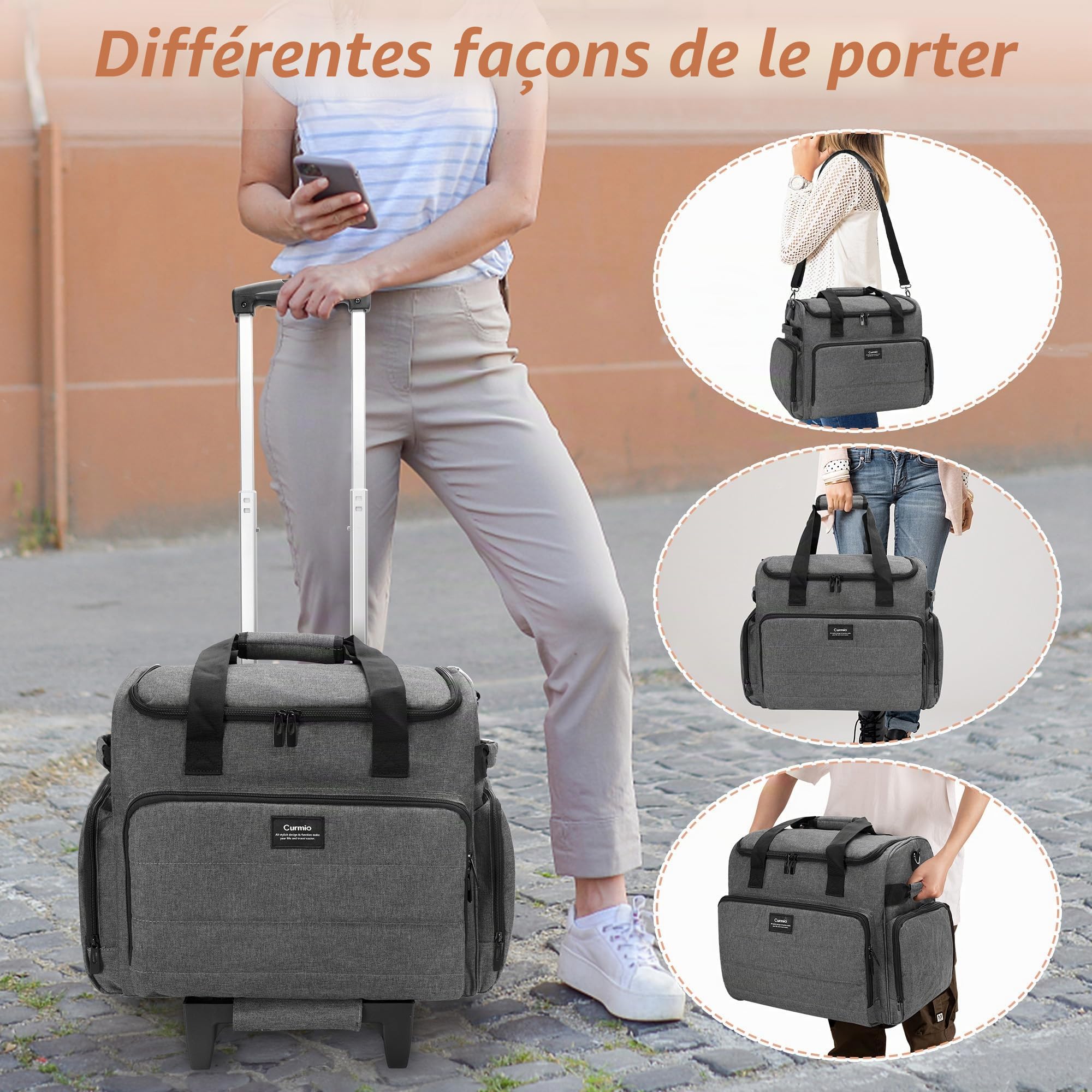 CURMIO Sac à roulettes pour Scrapbooking avec Poches Extensible, Gris | Valise à Roulettes Multifonctionnelle, pour Scrapbook/ Artisanales/ Couture/ DIY Materiel, Sac Vide