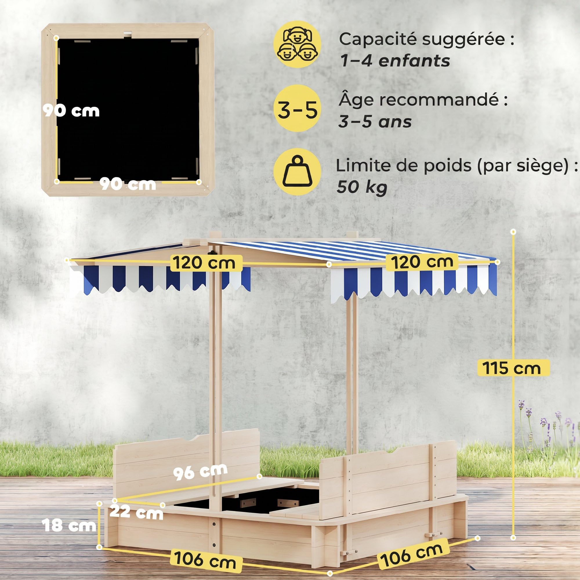 Outsunny Bac à Sable carré en Bois pour Enfants dim. 106L x 106l cm avec bancs et Couvercle - auvent réglable