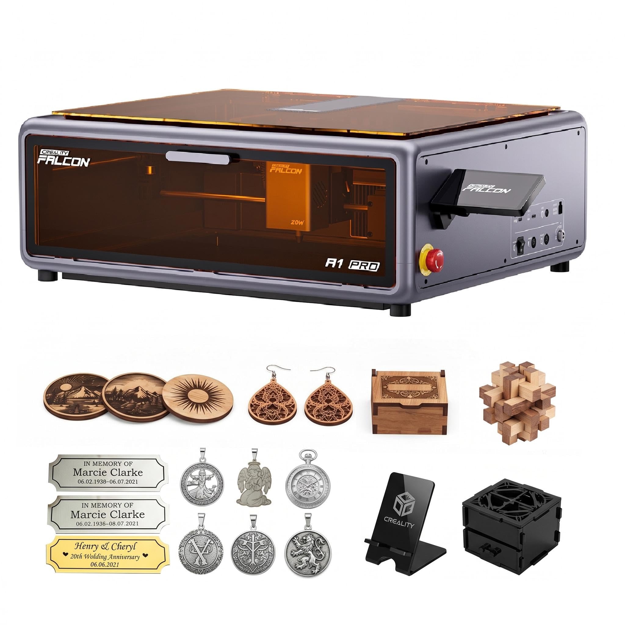 Creality Falcon A1 Pro Incisore Laser 20W Chiuso, Taglierina Laser Professionale CoreXY 600mm/s con Telecamera AI, Autofocus, App, Custodia Protettiva per Legno, Acrilico, Metallo, 358x268mm
