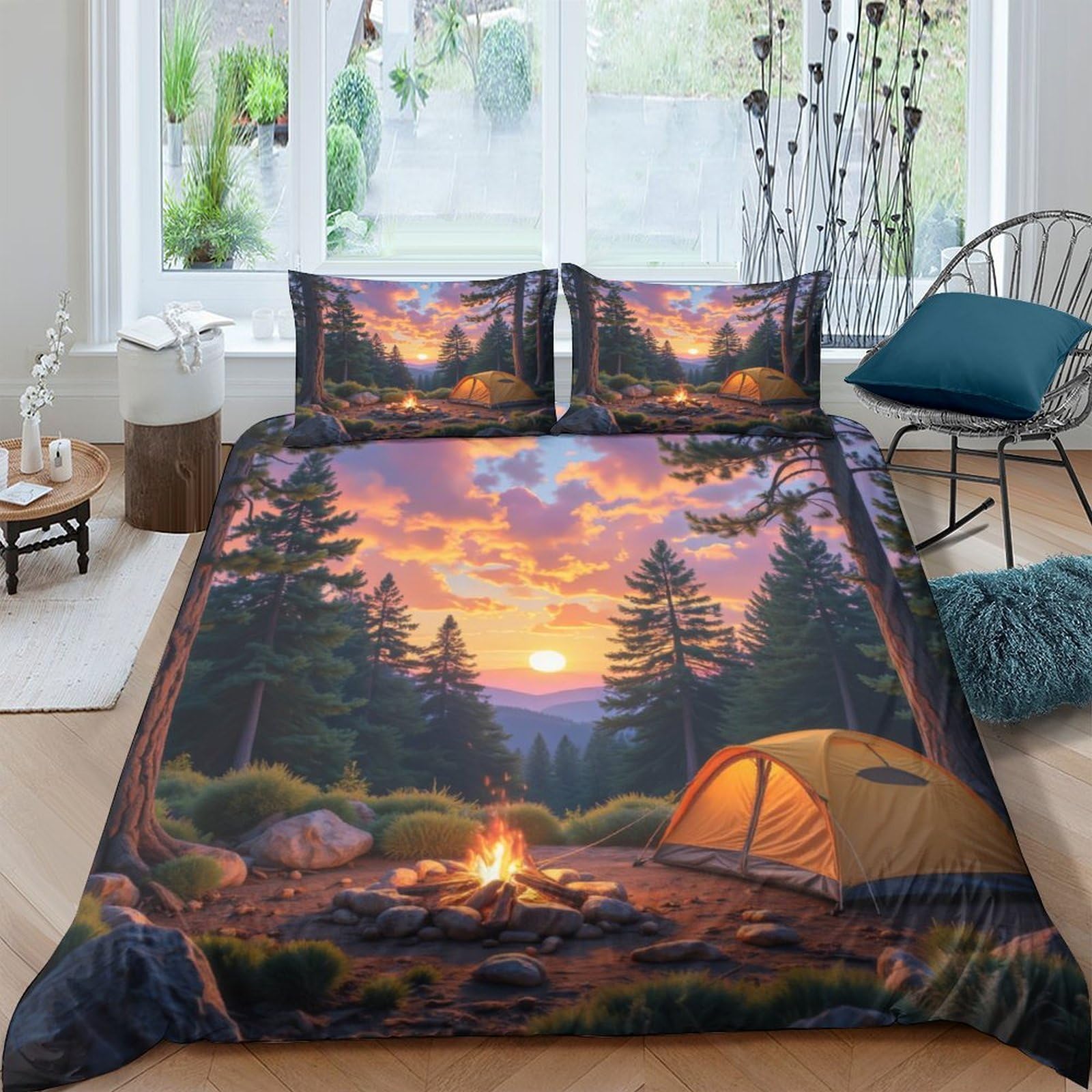 Ctjqhvkz Style-3 3D Printed Sunset Forest Fitted Sheet Microfiber Soft Breathable Camping Tent Bed Cover For Bedroom Guest Room Decor Single（135X200cm）