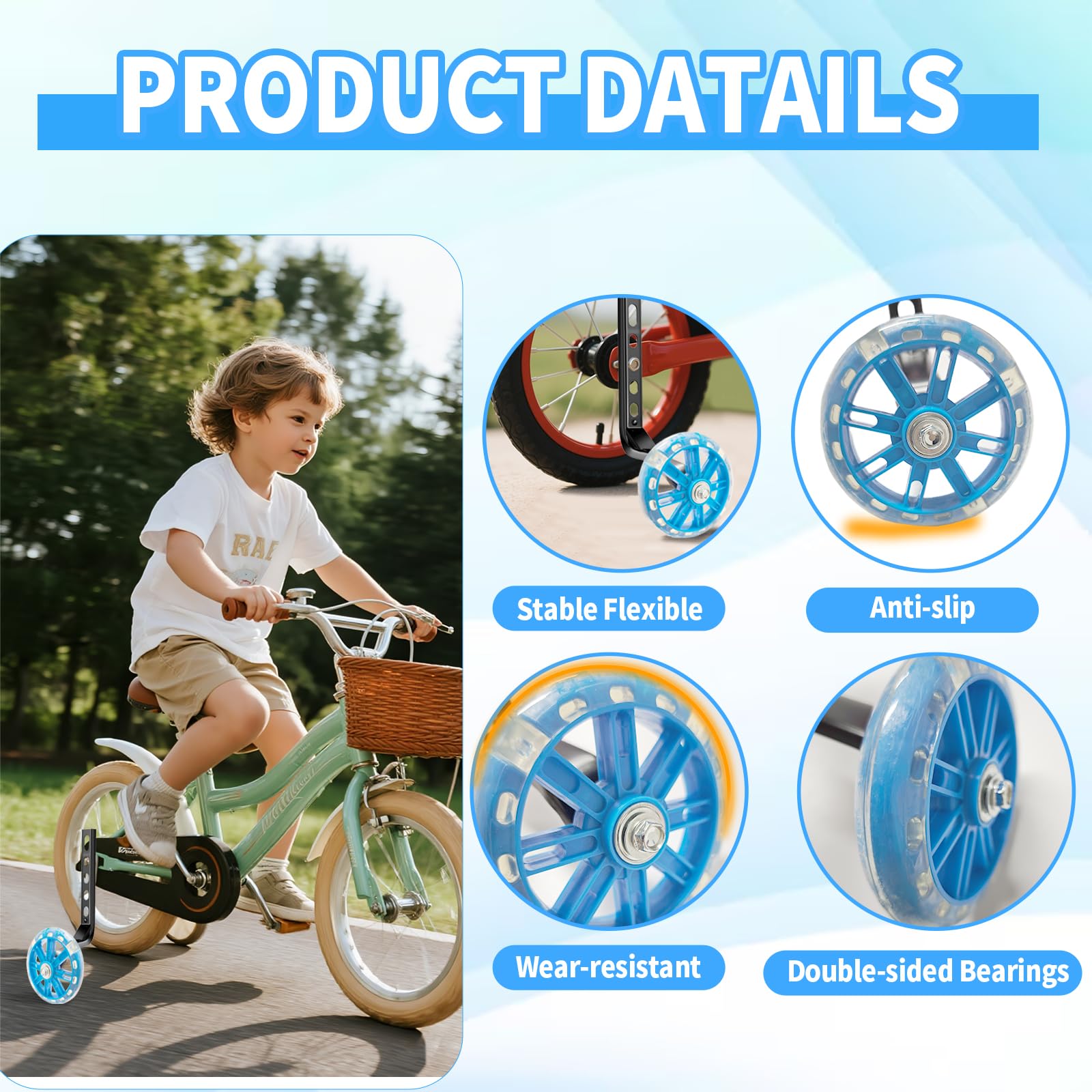 1 Paia Rotelle Universali per Bicicletta da Bambino, Ruote Ausiliarie per La Bicicletta, Training Wheels, Allenamento per Flash, Ruote Laterali Bici Bambino per 12-20 Pollici Bicicletta (Blu）