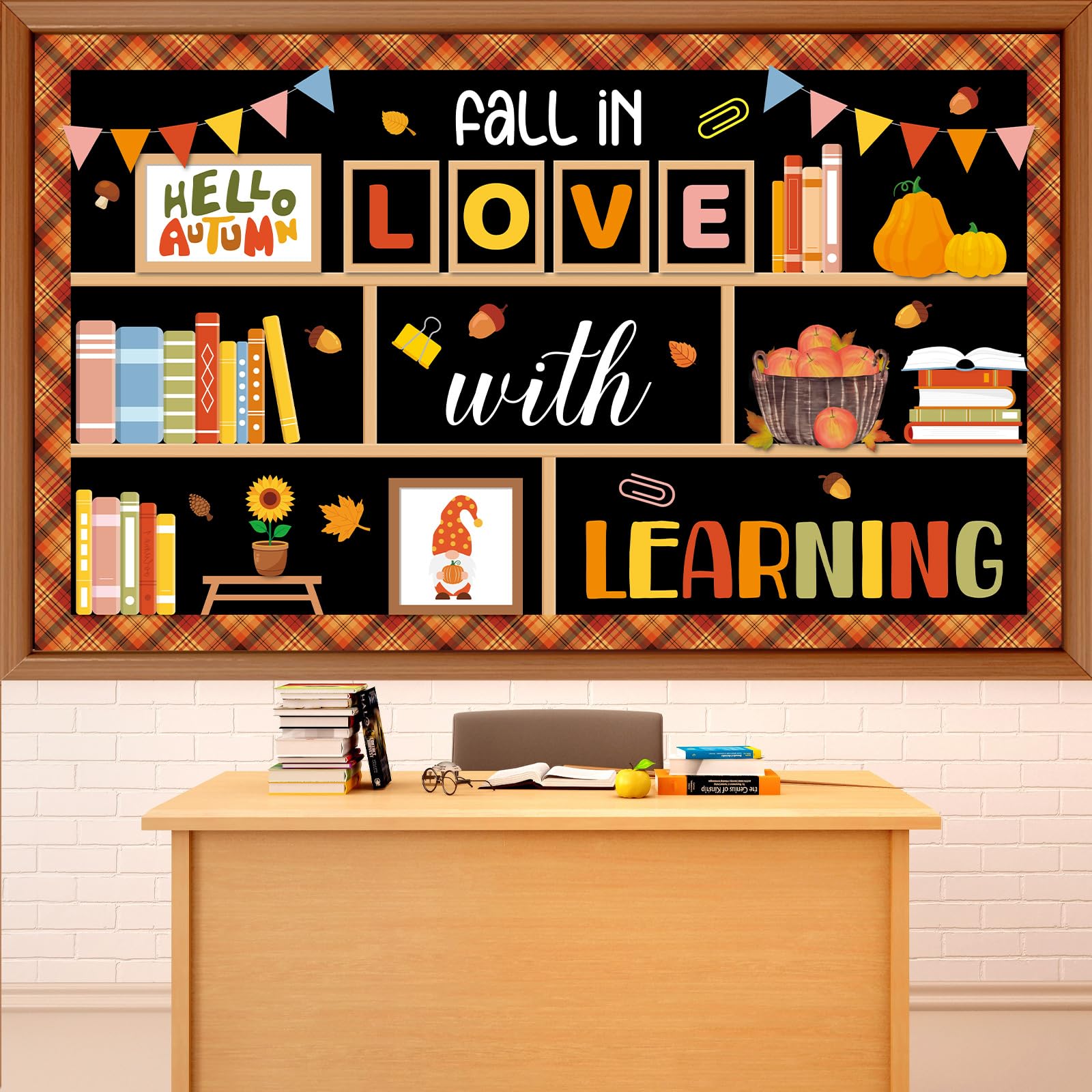 Bookshelf Bulletin Board Set Fall in Love with Learning Classroom Decoration Reading Library Inspirational Paper Cutouts for School Home Office Thanksgiving Harvest Chalkboard Wall Decor Supplies