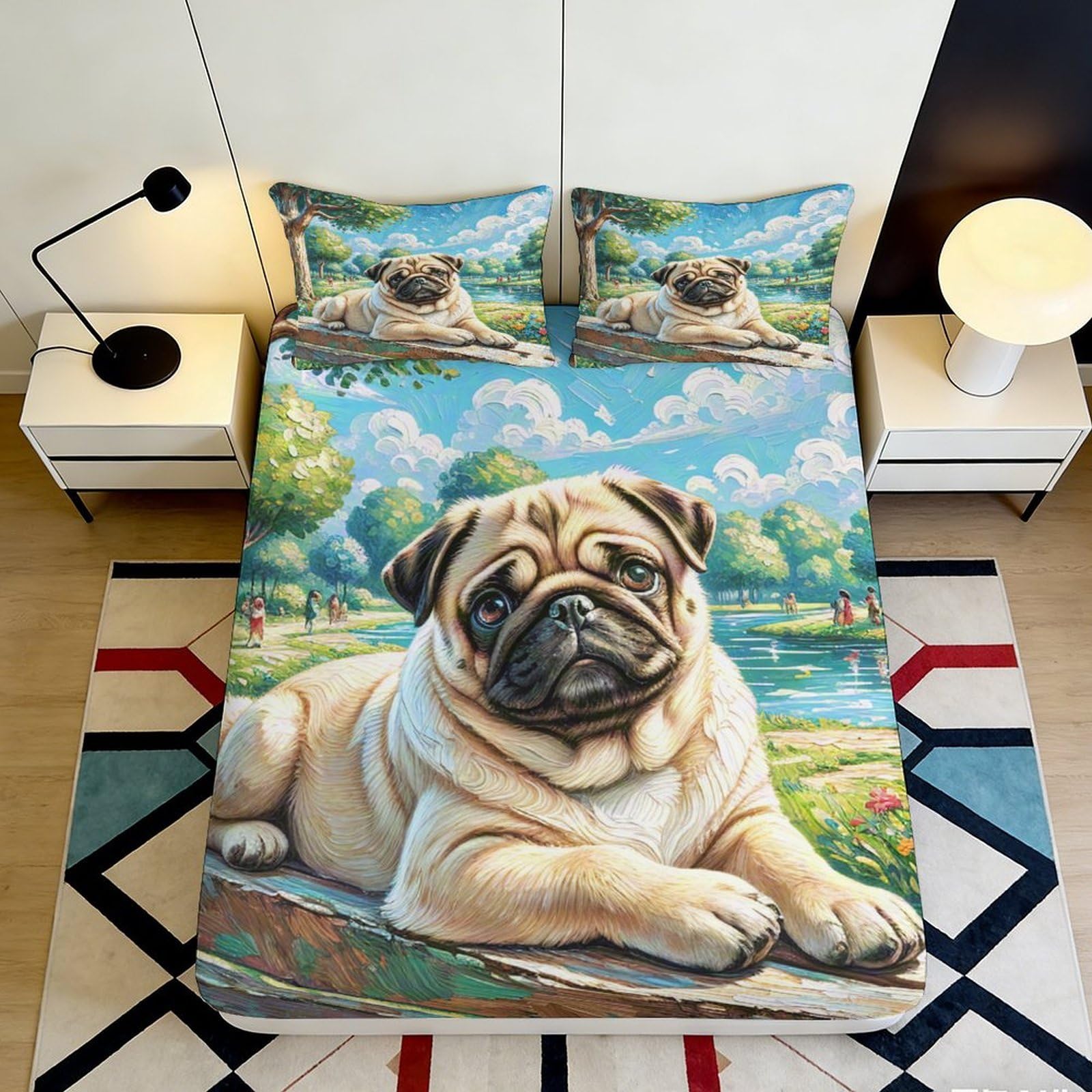 Pnayamiorkfel Style-9 3D Printed Pug Dog Fitted Sheet Microfiber Animal Art Lake View Mattress Cover For Bedroom Guest Room Decor 90X200x25cm