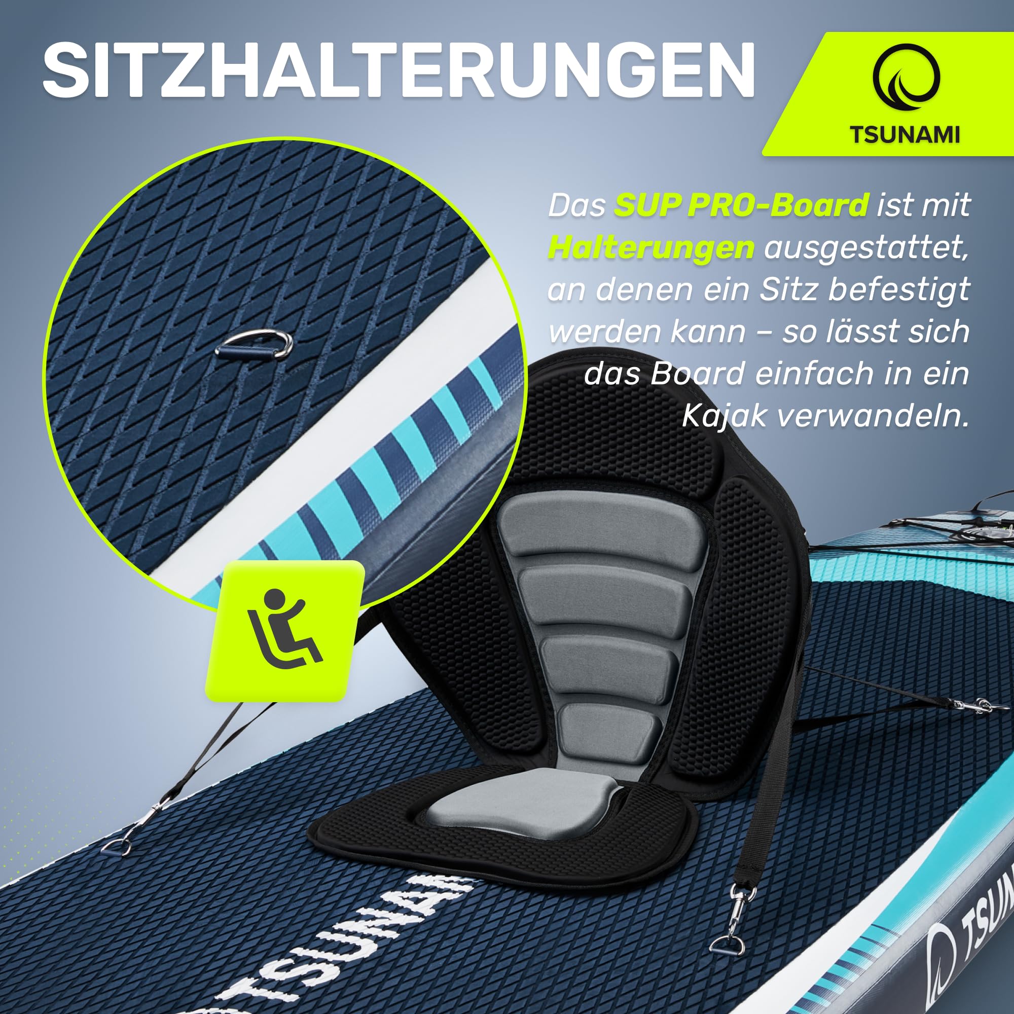 TSUNAMI Stand Up Paddling Board PRO, SUP-Board mit Komplettes Zubehör, Pumpe und Sicherheitsleine, Tragkraft bis 160kg, Länge 350cm, Doppeltes Material und zusätzliche interne Verstärkungen