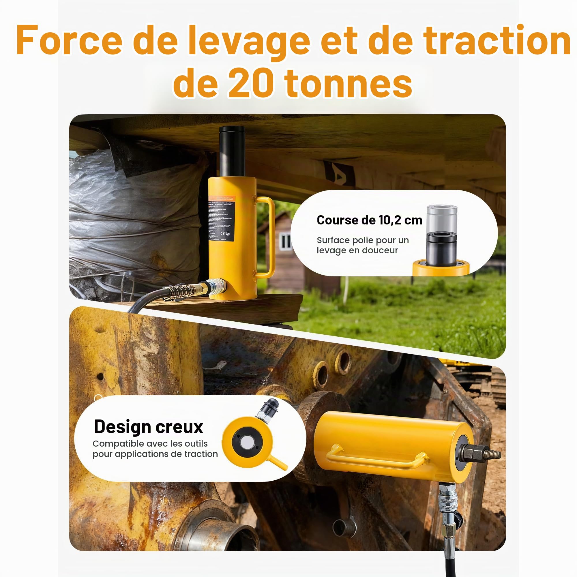 Succebuy Bouteille Hydraulique 20T Cric-Bouteille 100mm Vérin Hydraulique 24lb De Cylindre De Piston Creux