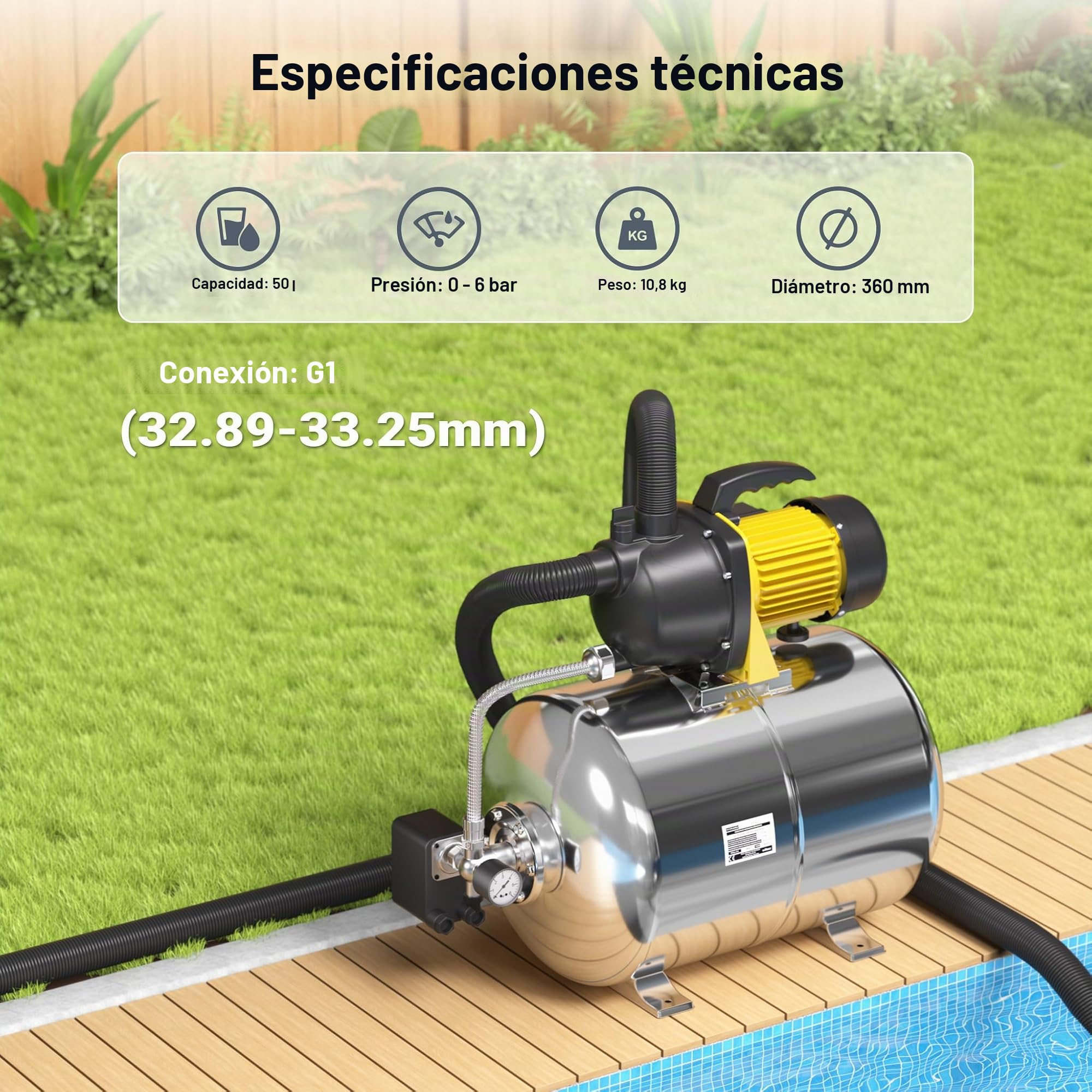 Vaso de expansión acero inoxidable 50L, depósito de presión, calderín para grupo de presión doméstic