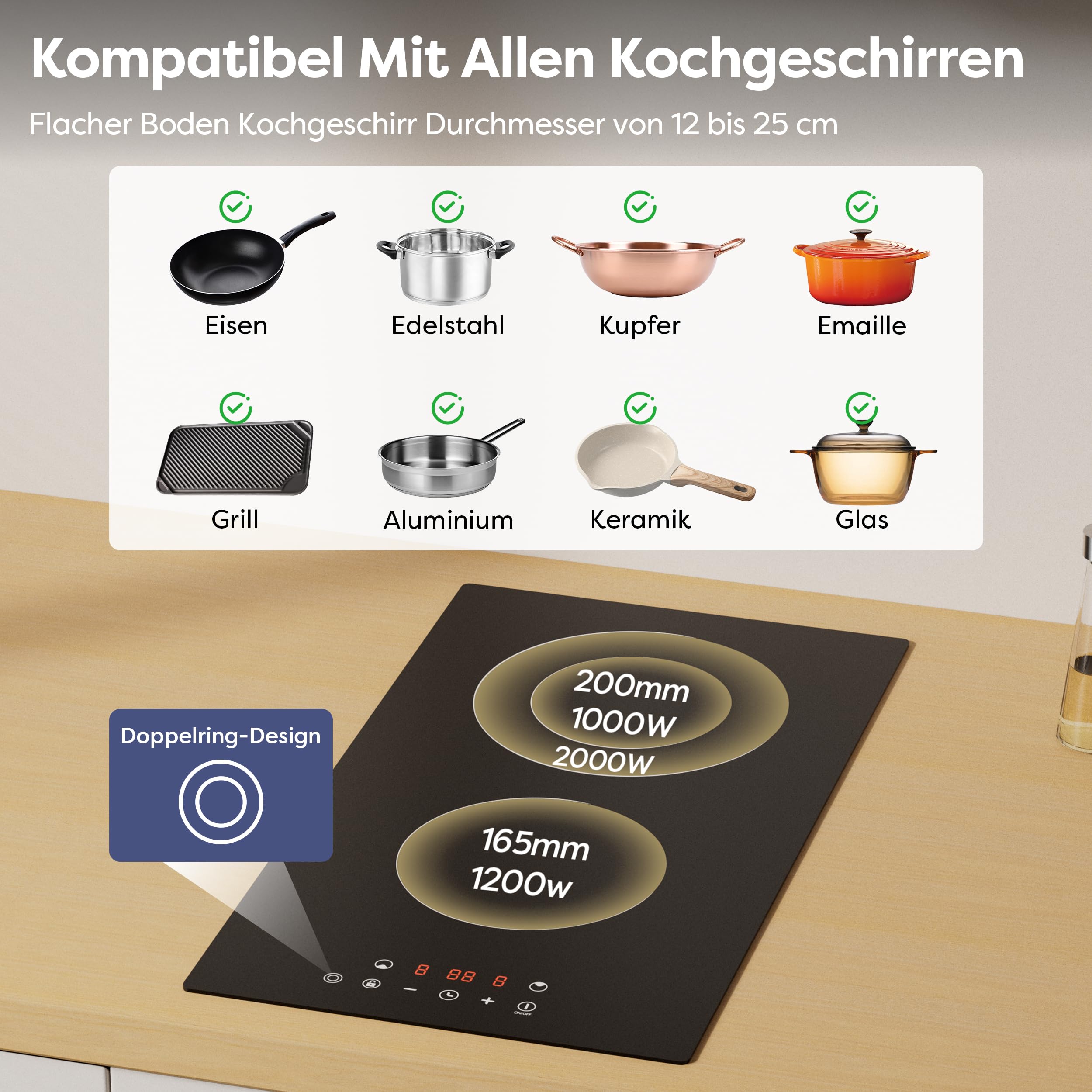 CDV Glaskeramikkochfeld 2 Platten, 3200W (2000W+1200W) Autarkes Einbaufähiges Doppel Elektro-Kochfeld (30cm), mit Stecker, 9 Leistungsstufen, Timer, Kindersicherung, Für Alle Töpfe,Schwarz
