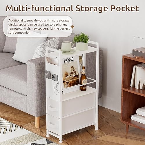 Miniatura 4 de Mesas laterales pequeñas y estrechas para espacios pequeños, mesita de noche delgada con cajones y ruedas, soporte de escritorio delgado con bolsa