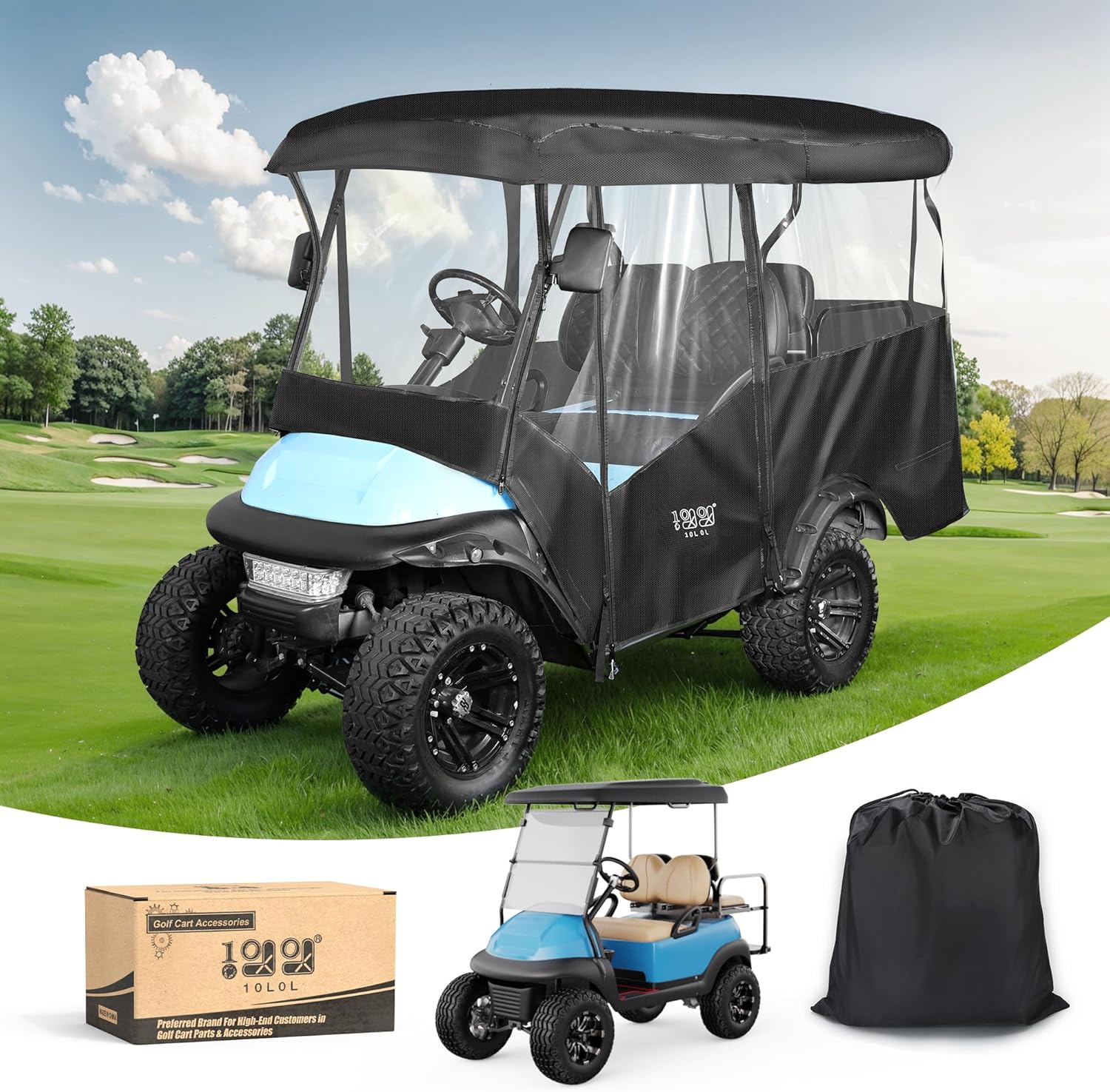 10l0l universal golf cart enclosure – fits yamaha, ezgo & club car (4-passenger) – waterproof 600d polyester cover – windproof design – 4-side clear windows black