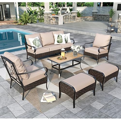 Sophia & William Extra Large Outdoor Patio Furniture Set 6 PCS Metal Patio Conversation Sets with High Back & Deep Seating, 3-Seat Sofa, 2 Sofa Chairs, 2 Ottoman, 1 Coffee Table, 5.5" Thicken Cushions
