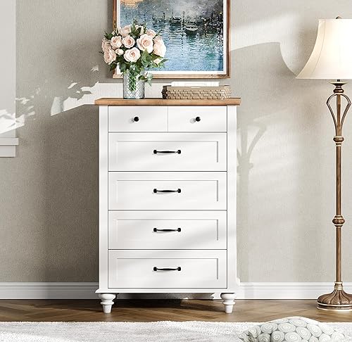 Cómoda blanca para dormitorio con 5 cajones, cómoda alta para niños con cómoda ancha de cajones, organizador de almacenamiento de armario de madera