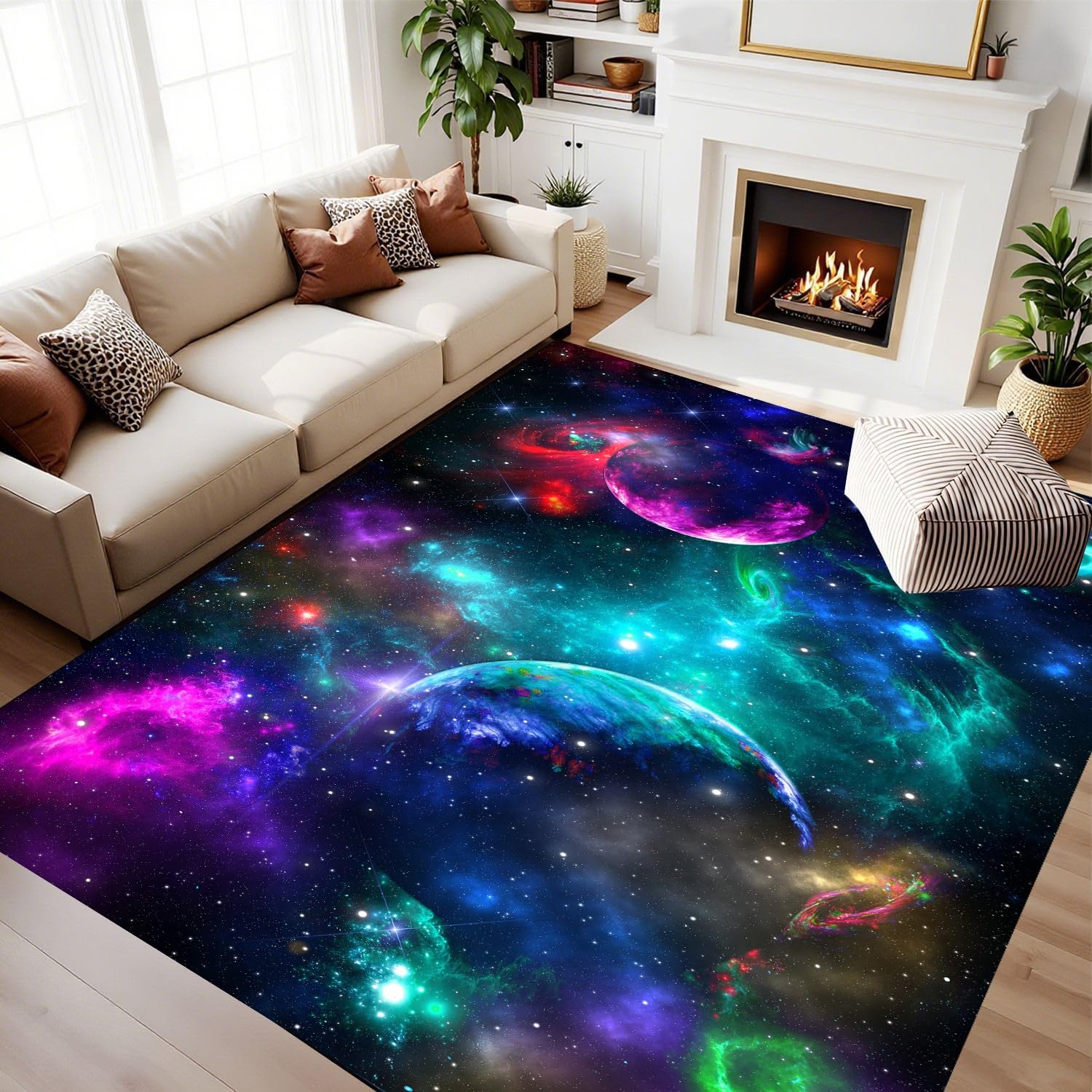 RICAUOU Starry Sky Area Rug, 70x140cm Cool Colorful Cosmic Galaxy and Planet Design for Boys' Bedrooms Soft, Non-Slip, and Washable Indoor Floor Mat, Carpet for Living Rooms, Bedrooms, Game Rooms