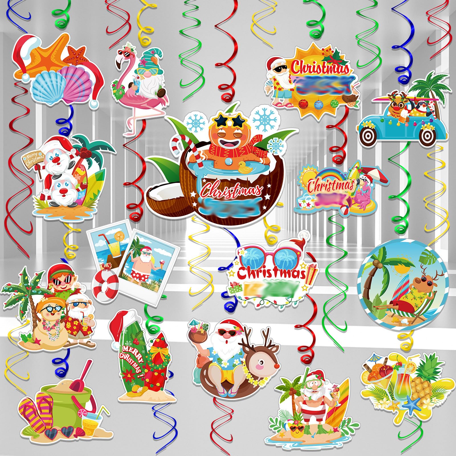 HOWAF 30pcs Hawaiian Christmas Decorations Hanging Swirls, NO-DIY Tropical Christmas Party Decorations, Mele Kalikimaka Christmas Decorations Flamingo