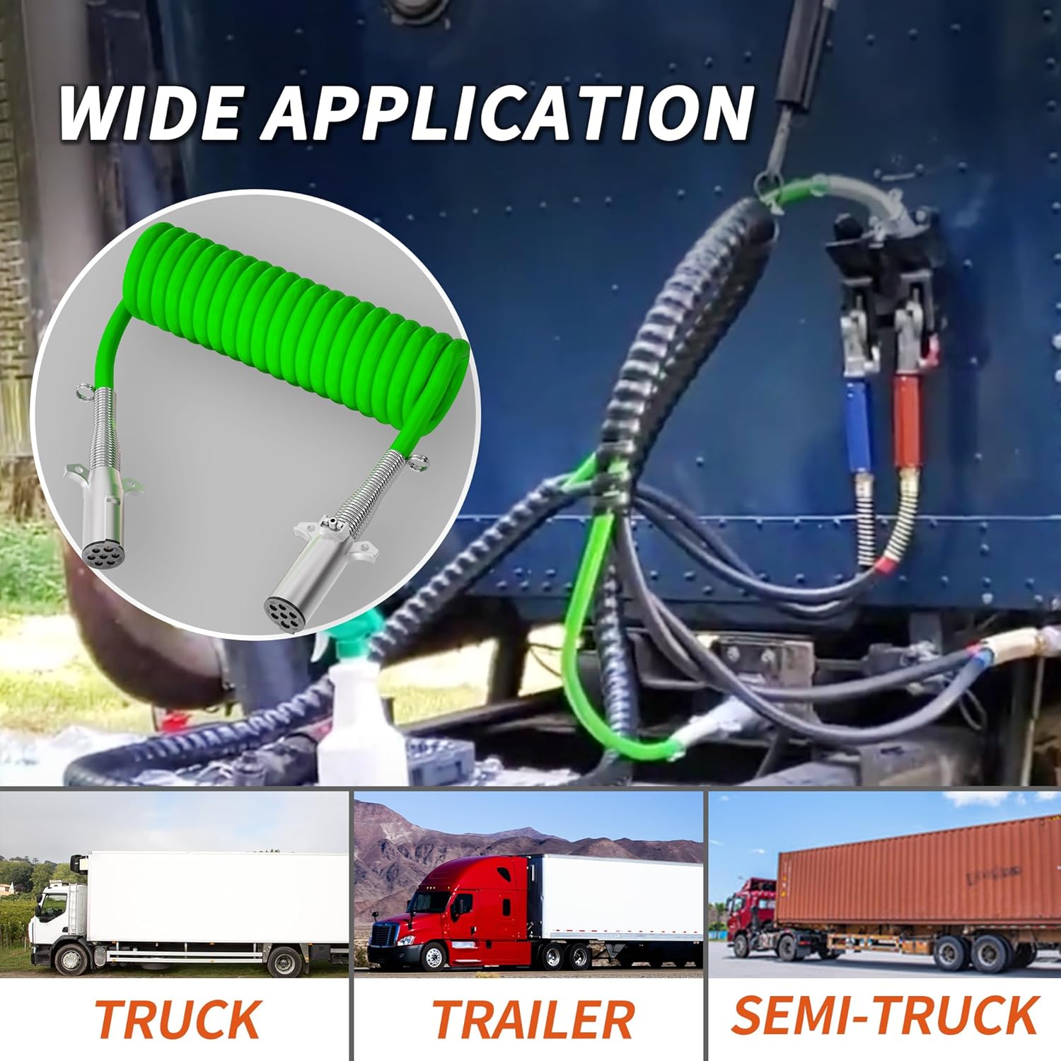 7 Way Coiled Trailer Cord 15 FT ABS Heavey Duty, Effective Length 8-10 FT SAE J560 Plug -85°F Cold Resistance Electrical Power Cable for Semi Trailers Trucks Tractors, 4/12+2/10+1/8 AWG Wire Cable