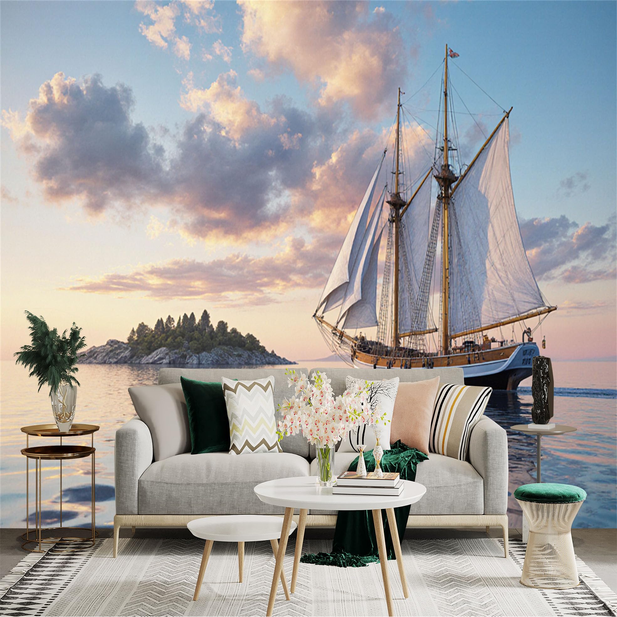 Custom Size Wall Sticker Mural， Vintage Sailing Ship on Calm Sea， Island Landscape at Sunset， Ocean View Scenery， for wall Decoration， peelandstick wall Decals.