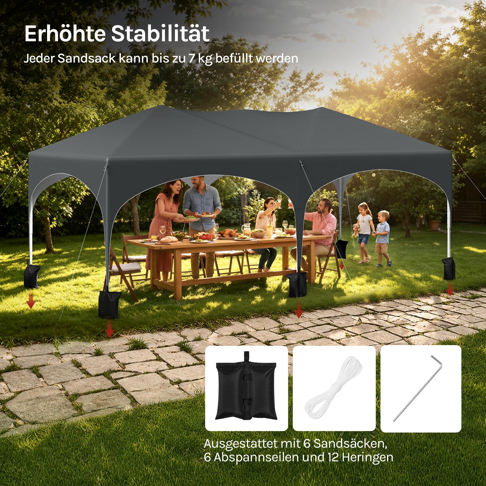WOLTU Pavillon mit 6 Seitenteilen 4 Sandsäcke, Faltpavillon 3x6m mit Halbmonddach Tragetasche, Gartenpavillon wasserfest stabil UV-Schutz, Partyzelt Outdoor höhenverstellbar, Grau