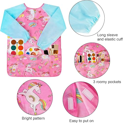Miniatura 10 de Bassion Smocks for Kids, Toddler Art Smock Artist Painting Aprons Waterproof Long Sleeve with 3 Pockets for Age 2-6 Years