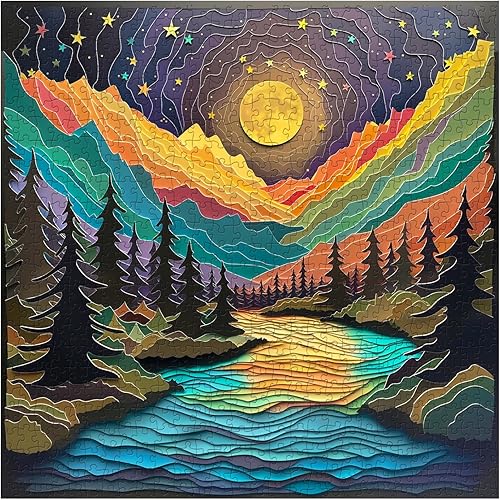 Rompecabezas mágicos de noche estrellada para adultos, 1000 piezas, árbol natural, montaña, río, puesta de sol, paisaje, colorido,