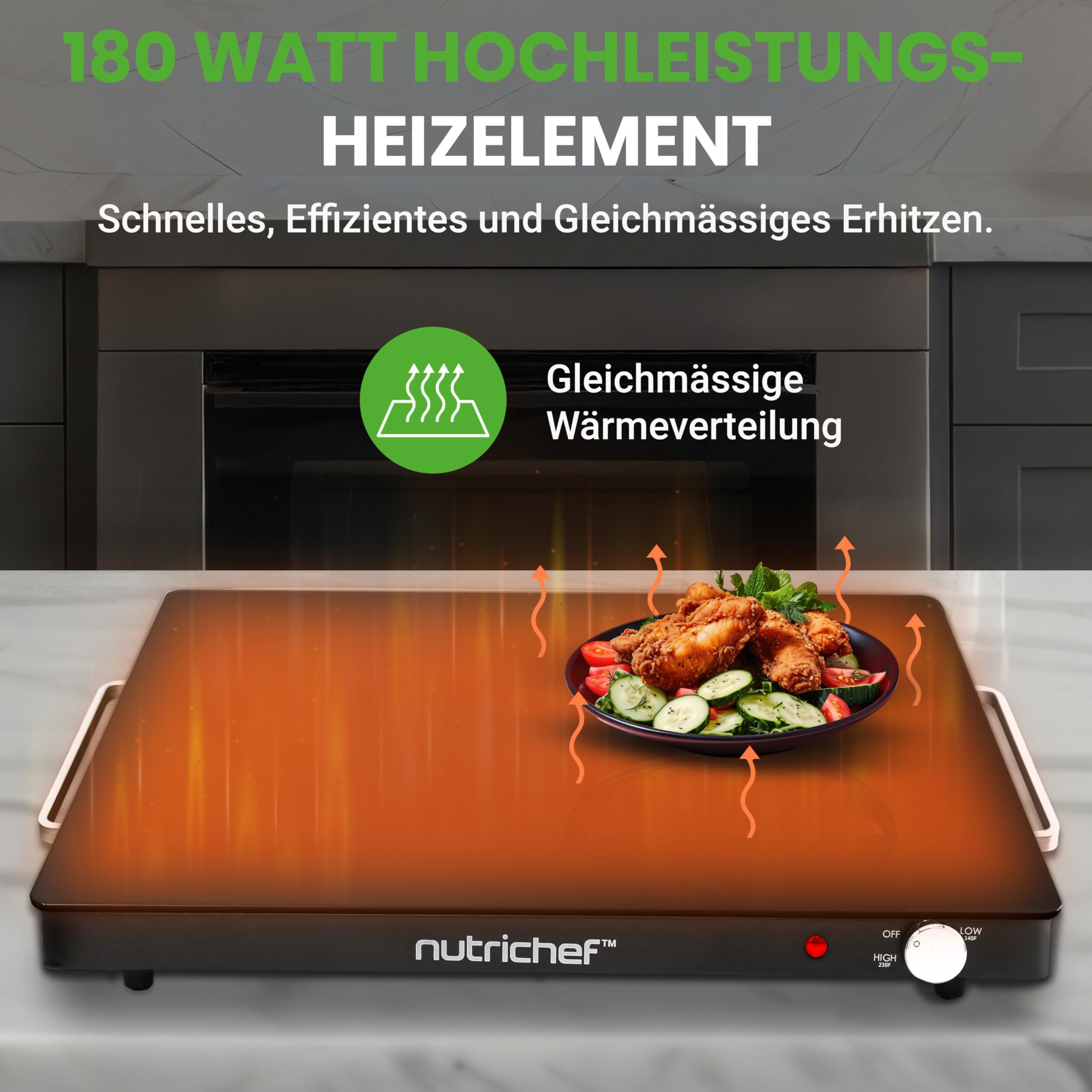 NutriChef Kochplatte elektrisch – Warmhalteplatte 54×42 cm mit Temperaturregelung 60–110 °C, 180 W Warmhaltebehälter für Buffet, Grillgut & Party - Sicher, Energiesparend & Flach - Schwarz