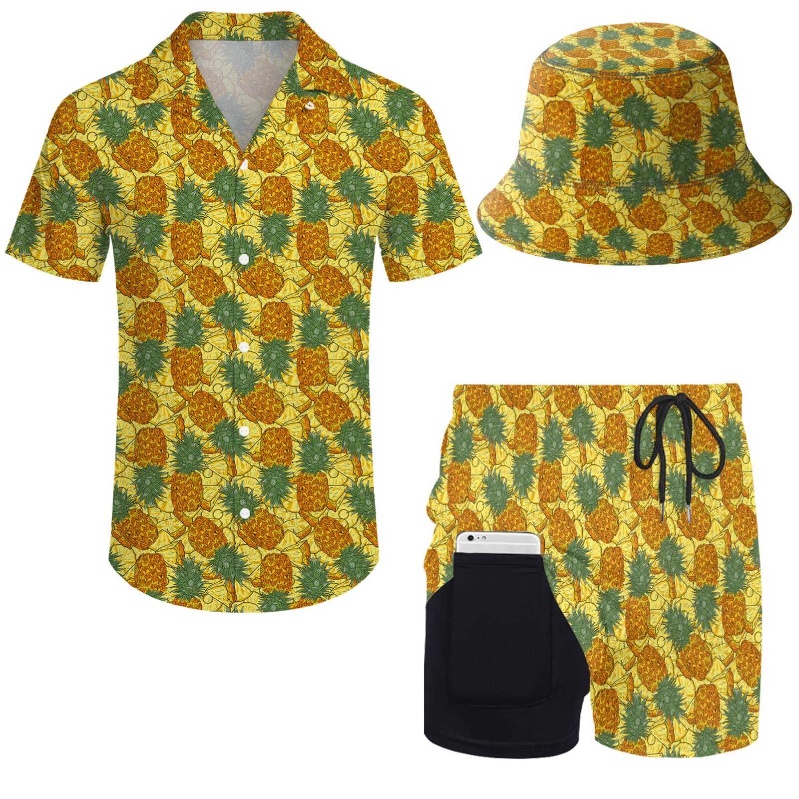 Wdpsuxin Mens 2 Piece Tracksuit Hawaiian Button Down Shirt and Compression Liner Shorts Sets with Bucket Hats, Tropical Pineapple, XXL