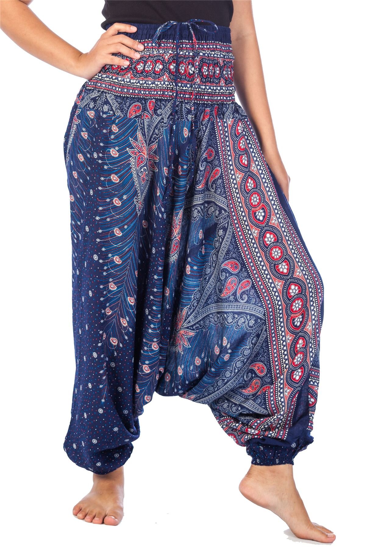 Lofbaz Women's Peacock 1 Dark Blue & Red Peacock 2 In 1 Harem Trousers Jumpsuit Dark Blue & Red M