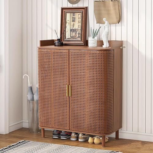 ORRD Shoe Cabinet, 5 Tier Boho Wooden Shoe Storage Organizer Cabinet with Adjustable Shelves, Shoes Rack with Iron Rattan Curved Doors Accent Cabinet for Entryway Hallway Living Room, Walnut - Walnut 5 Tier