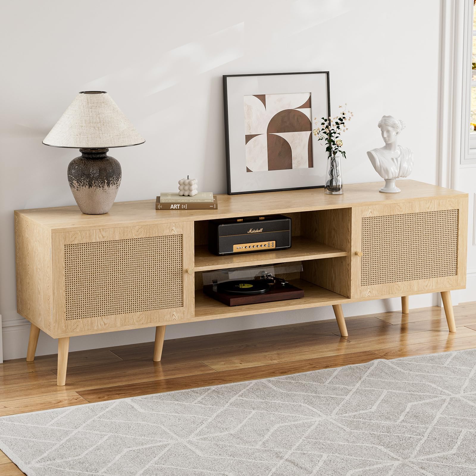 ZttRiee TV Stand for TVs up to 65'', Entertainment Center With Rattan Door, Shelves & 2 Cabinets, Long Boho Media Console for Living Room, Natural