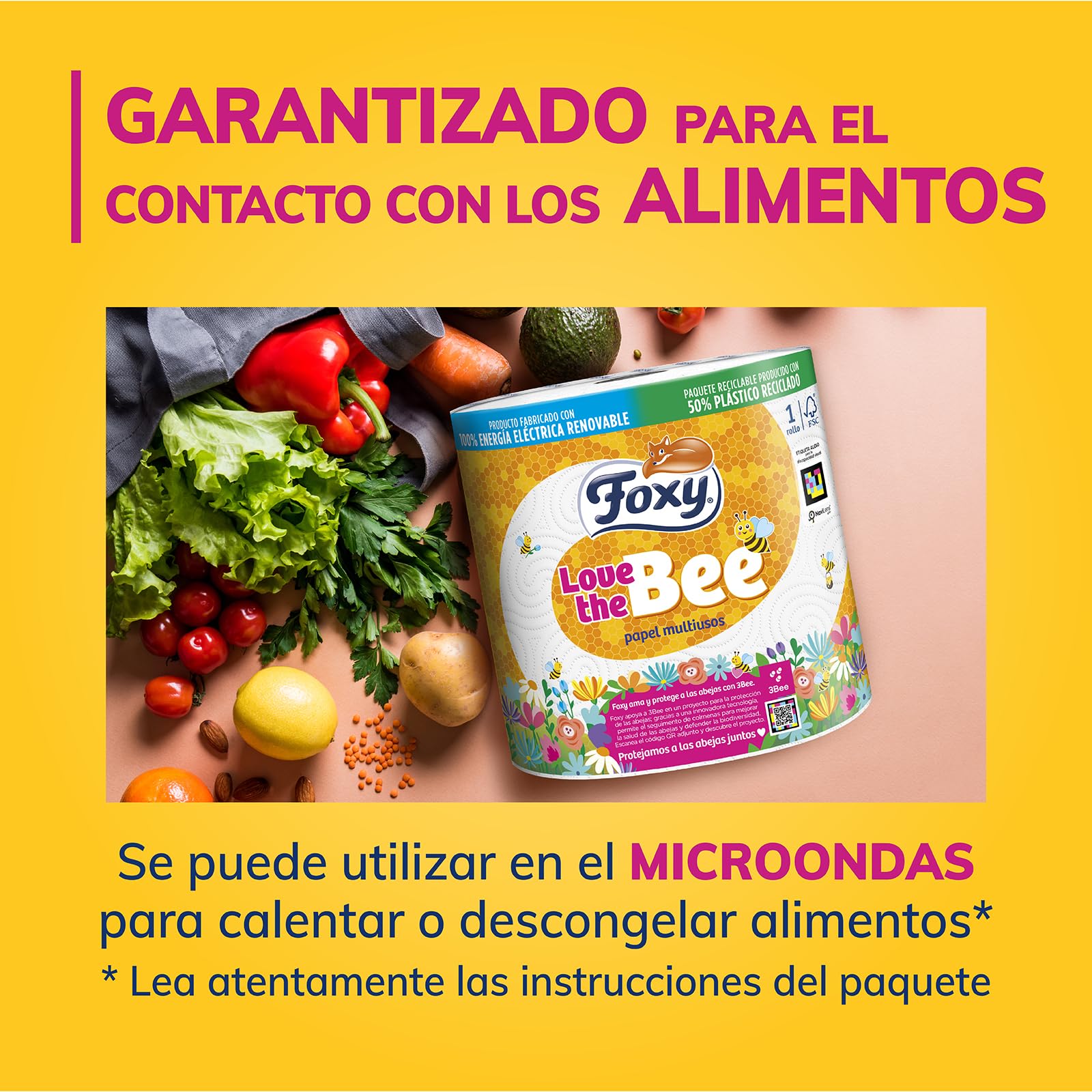 Foxy Love the Bee | 2 strati | Carta da cucina 6 rotoli | 295 servizi per ogni rotolo | Certificazione FSC | 100% Energia elettrica rinnovabile | Confezione riciclabile prodotta con plastica riciclata