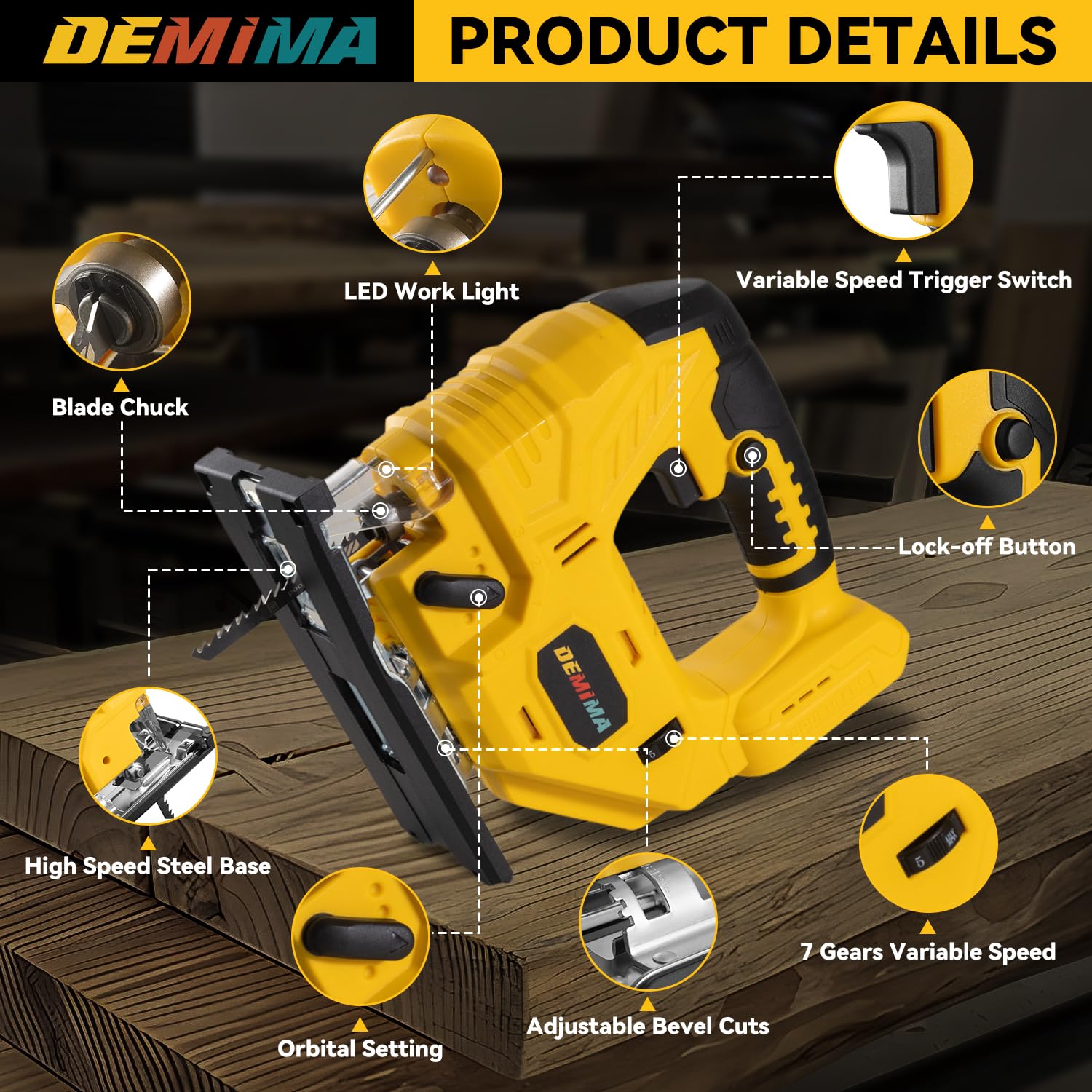 Sierra caladora inalámbrica para batería De-Walt de 20 V, 7 velocidades variables hasta 3200 RPM, luz LED, cortes biselados de 45°, 3 movimientos orbitales, con hoja de sierra de calar para corte