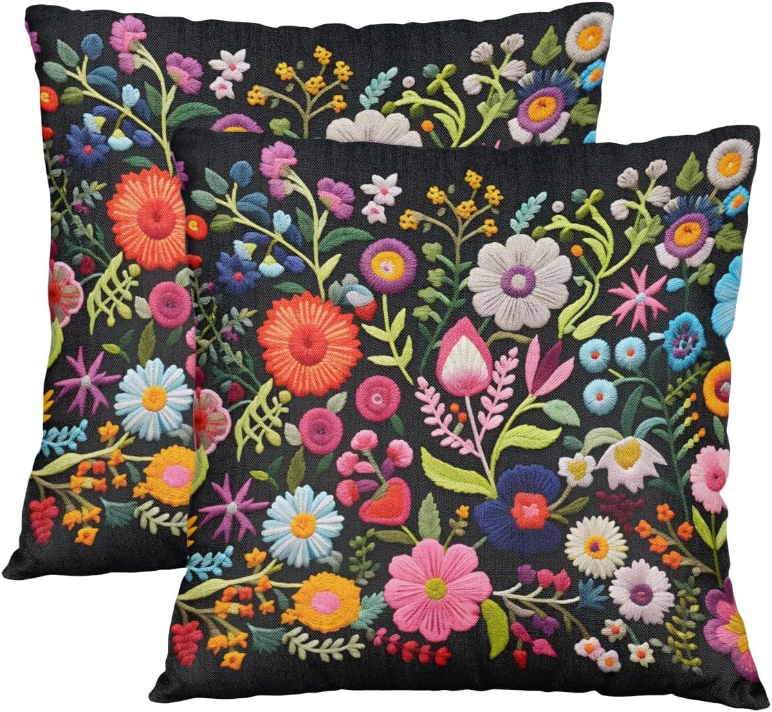Embroidery Style Pillow Covers Throw Pillow Covers Set of 2 Pillow Covers 14x14 Inch Square Pillowcases Cushion Covers Modern Farmhouse Home Decor for Couch Bedroom Sofa Living Room