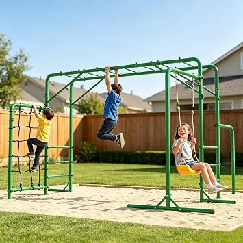 3-in-1 Monkey Bars for Kids Backyard with Climbing Frame, Swing & Net