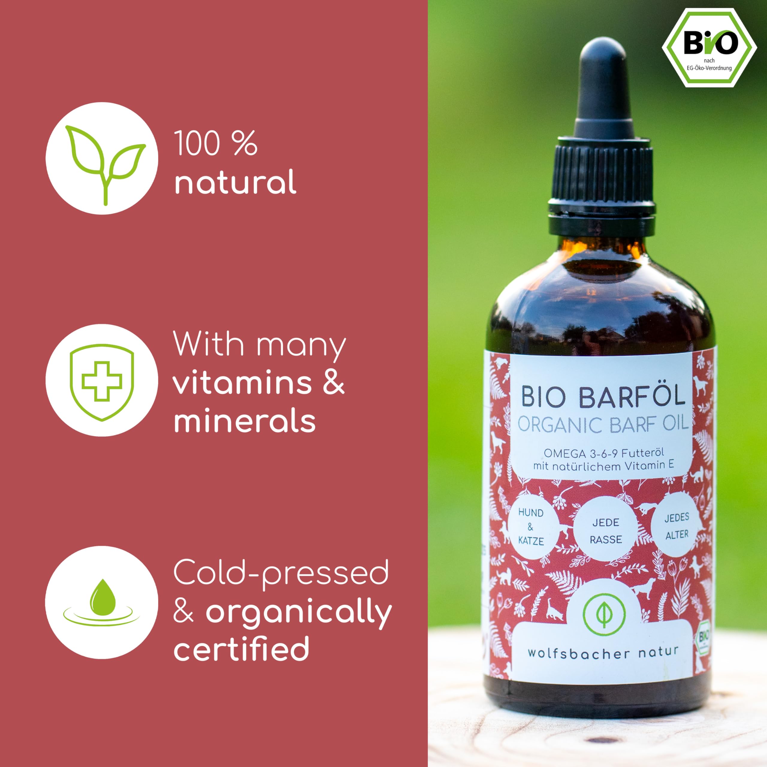 Olej Pokarmowy dla Psów 100ml – 100% Organiczny Olej BARF - Naturalny i Wegański - Z Oleju Lnionego, Wiesiołkowego, Oliwy z Oliwek, Pestek Dyni, Chia - Z Omega 3-6-9, DE-ÖKO-060