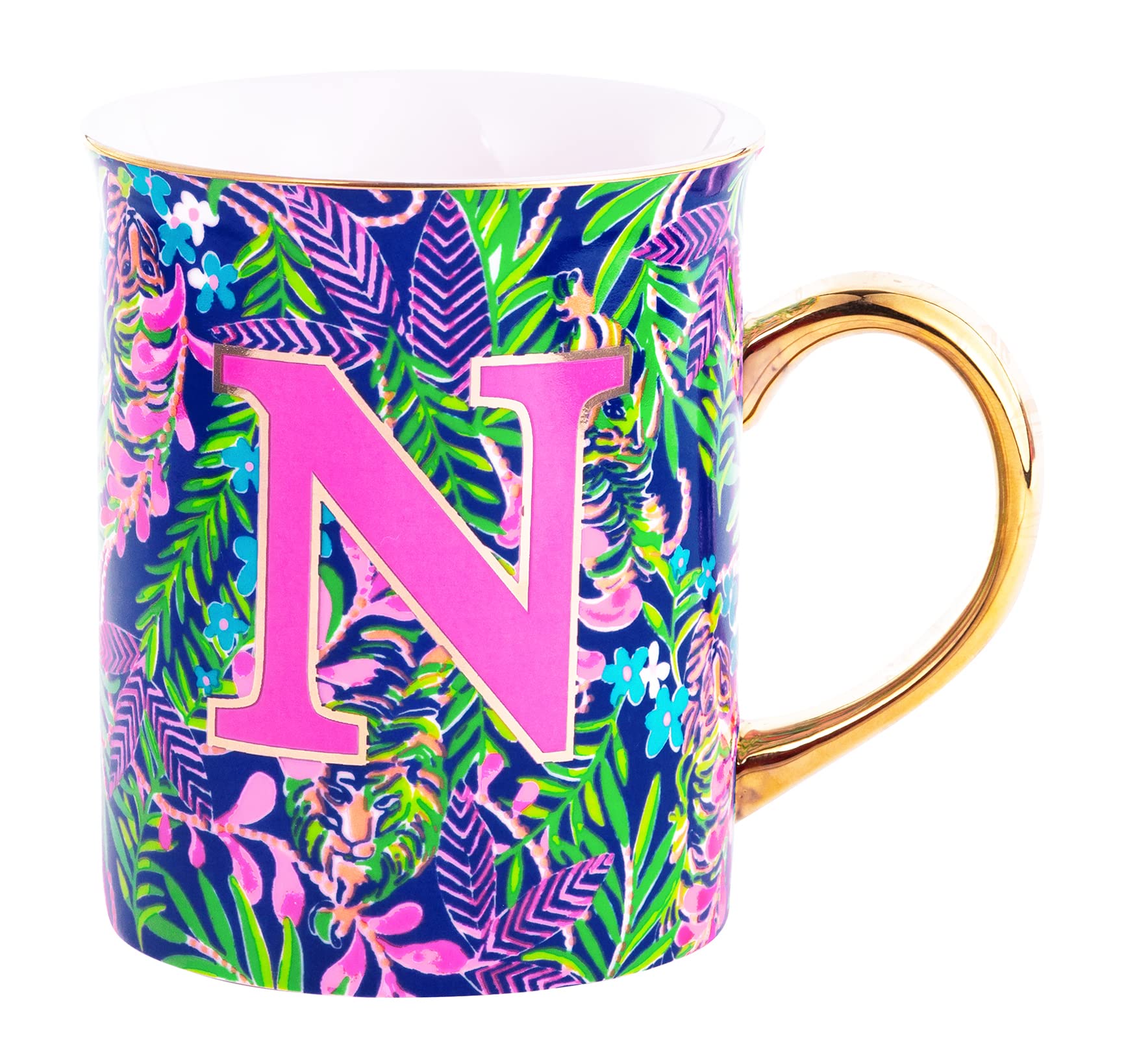 Lilly PulitzerInitial Ceramic Coffee Mug, 14 Oz Tea Cup, Cute Mug with Gold Handle and Gift Box, N (How You Like Me Prowl)