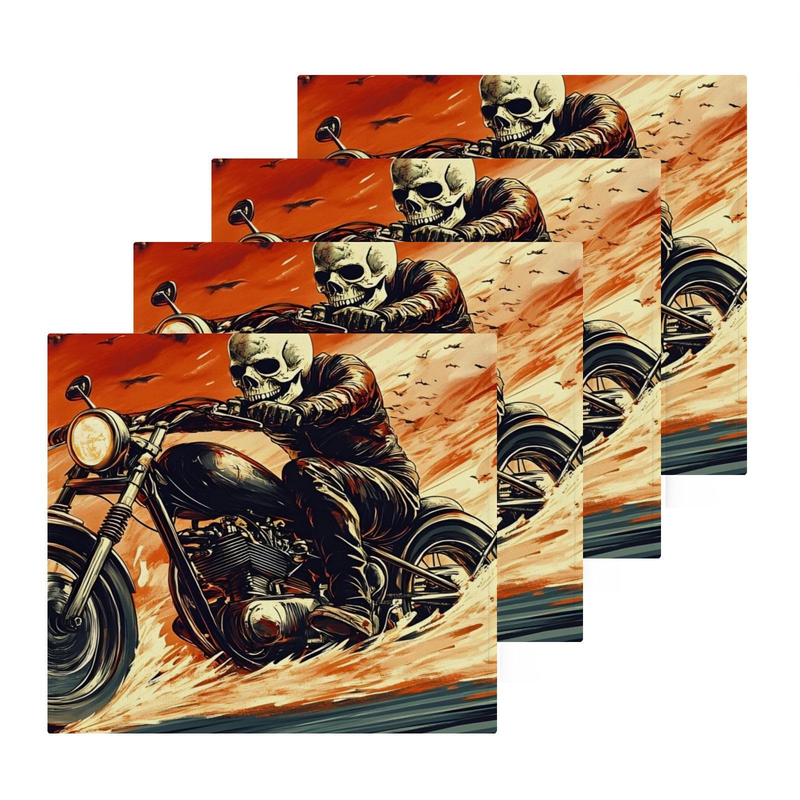 YANENDIE Retro Skeleton Motorcycle Washcloths Towels, Highly Absorbent and Soft Cotton Face Cloths, 4 Pack Quick Dry Wash Cloths - 12 X 12 Inches