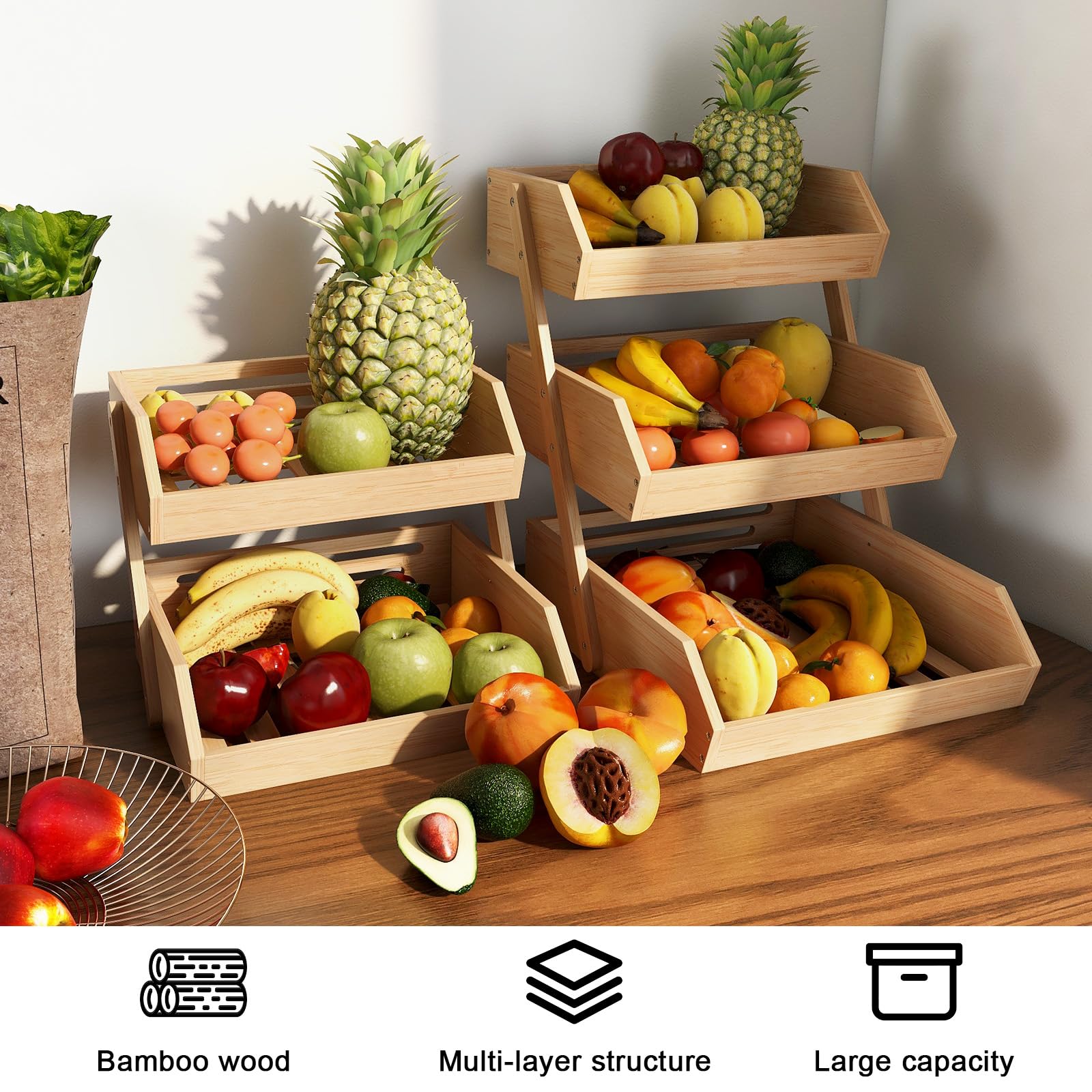 Étagère à fruits et légumes à 3 niveaux en bambou – Panier de rangement en bois pour plan de travail (fruits, légumes, pain et collations) – Support d'organisation pour (3 niveaux)