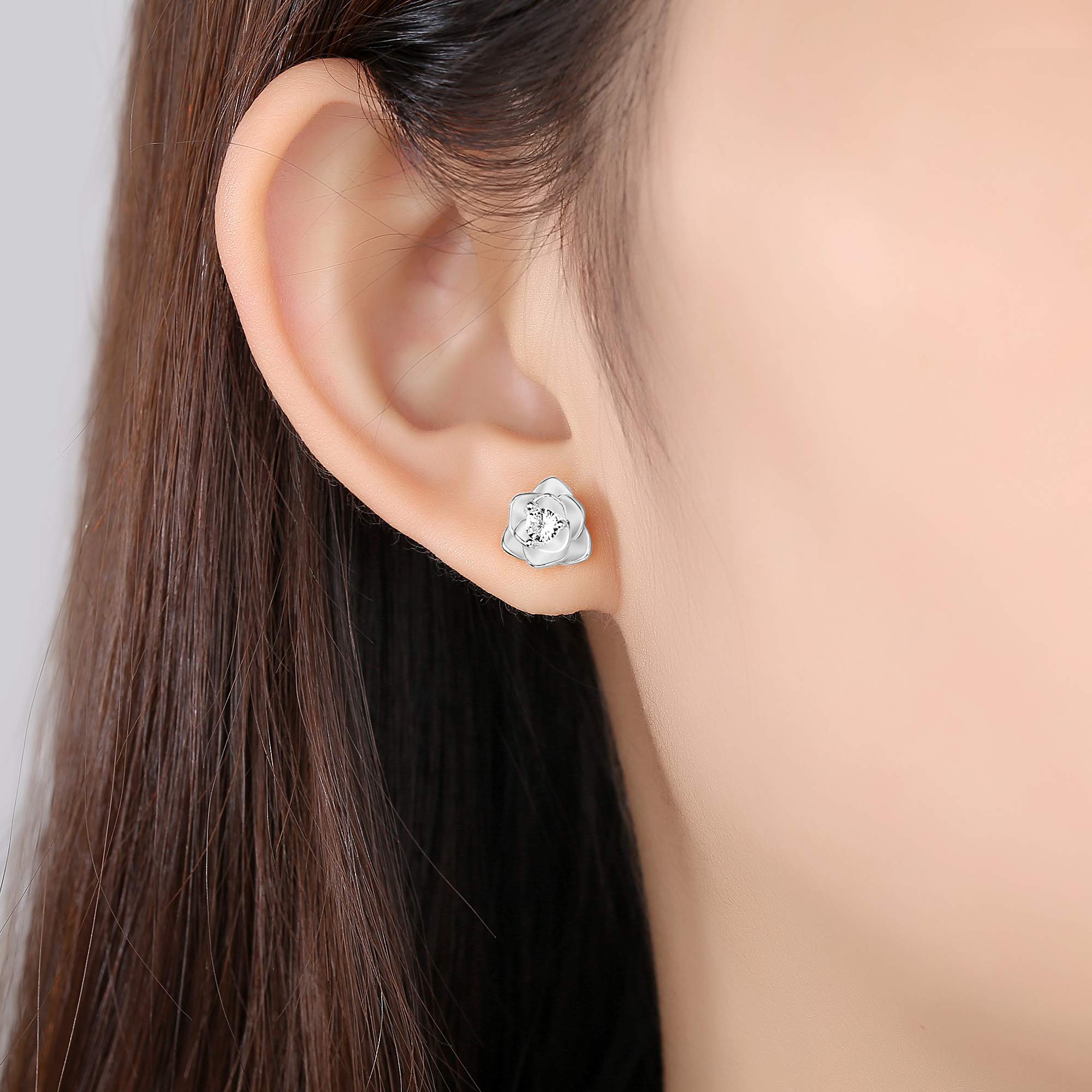 Rose Gold Heart Stud Earrings - Dainty Small Earrings for Women, Great for Holiday Dating Shopping and Daily Wear: 8.8mm Silver--Rose Flower Earring