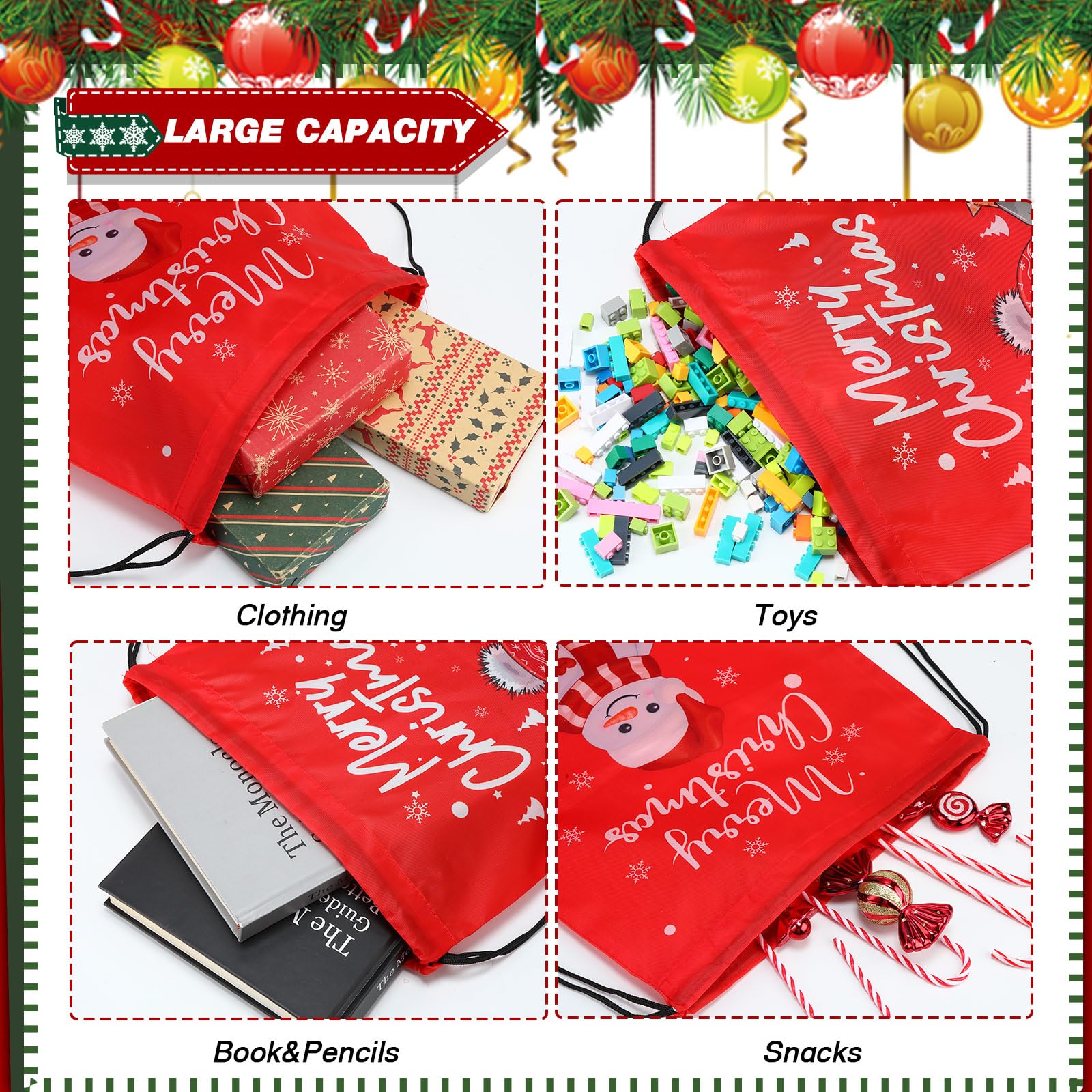Abbylike 48 bolsas de regalo de Navidad con cordón, bolsas de regalo a granel de 13 x 15.7 pulgadas, Navidad, Papá Noel, muñeco de nieve, árbol de invierno, bolsas de regalo para niños, vacaciones