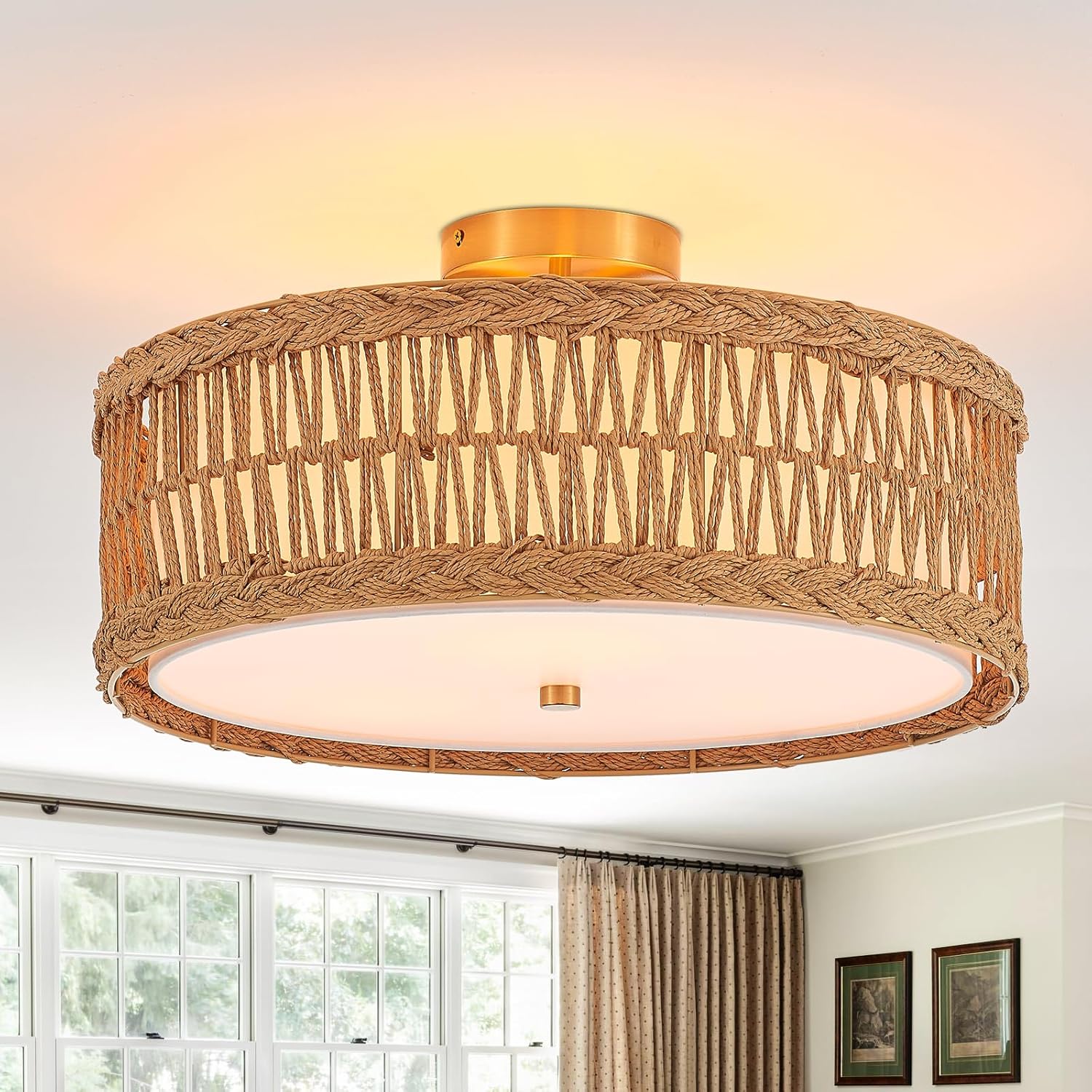 Farmhouse Ceiling Lighting,Rattan Flush Mount Light Fixture 17.6in 3-Light Boho Semi Ceiling Lighting Gold Hand-Woven Light Fixture for Bedroom Hallway Entryway Laundry Room Golden-E
