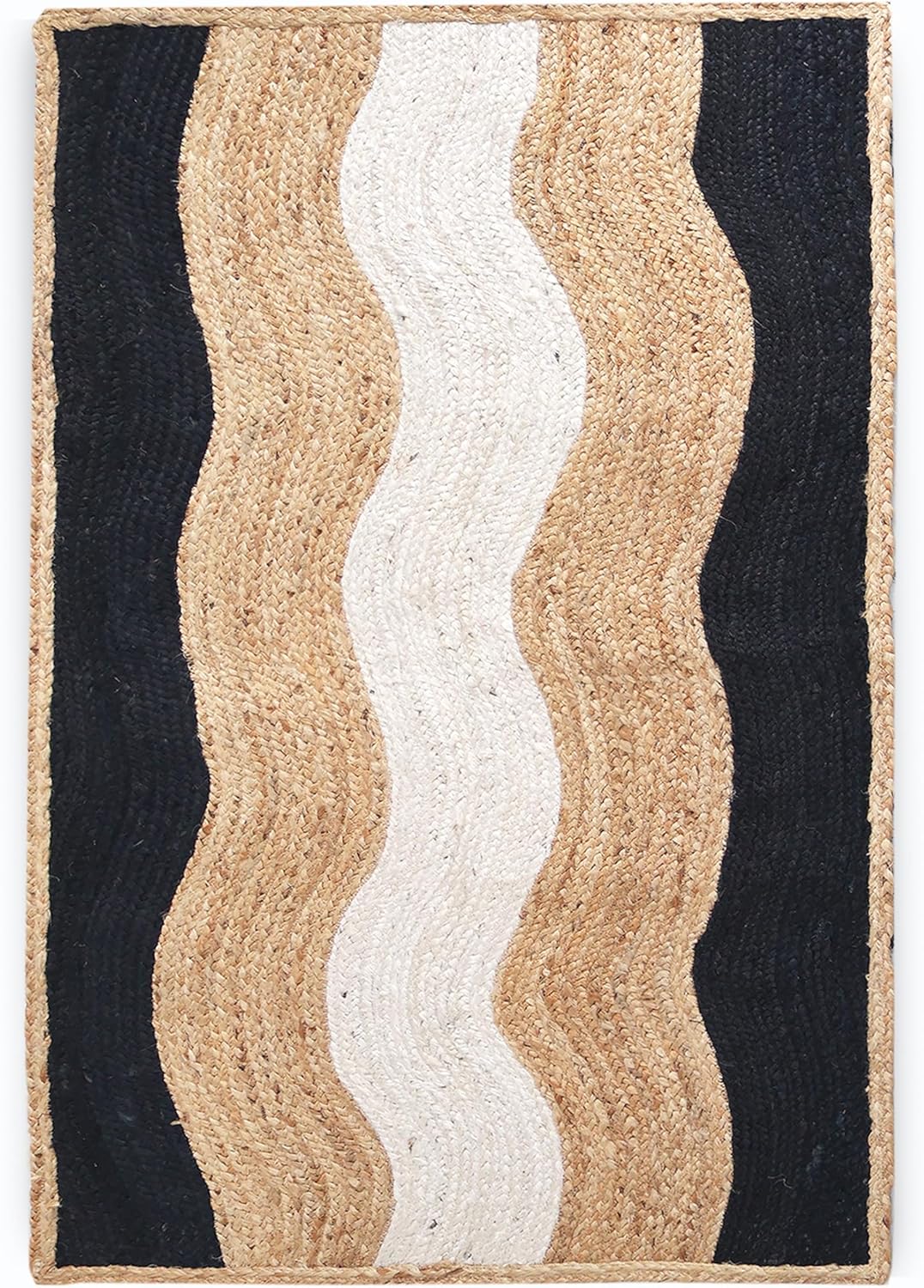 Premium Quality Jute Rug 10x18 Feet Area Rug Natural Fiber Jute Rugs Thick 0.27" Black Geometric Wavy Stripe Pattern Rugs for Living Room Bedroom Outdoor Home/Office Decor Carpet