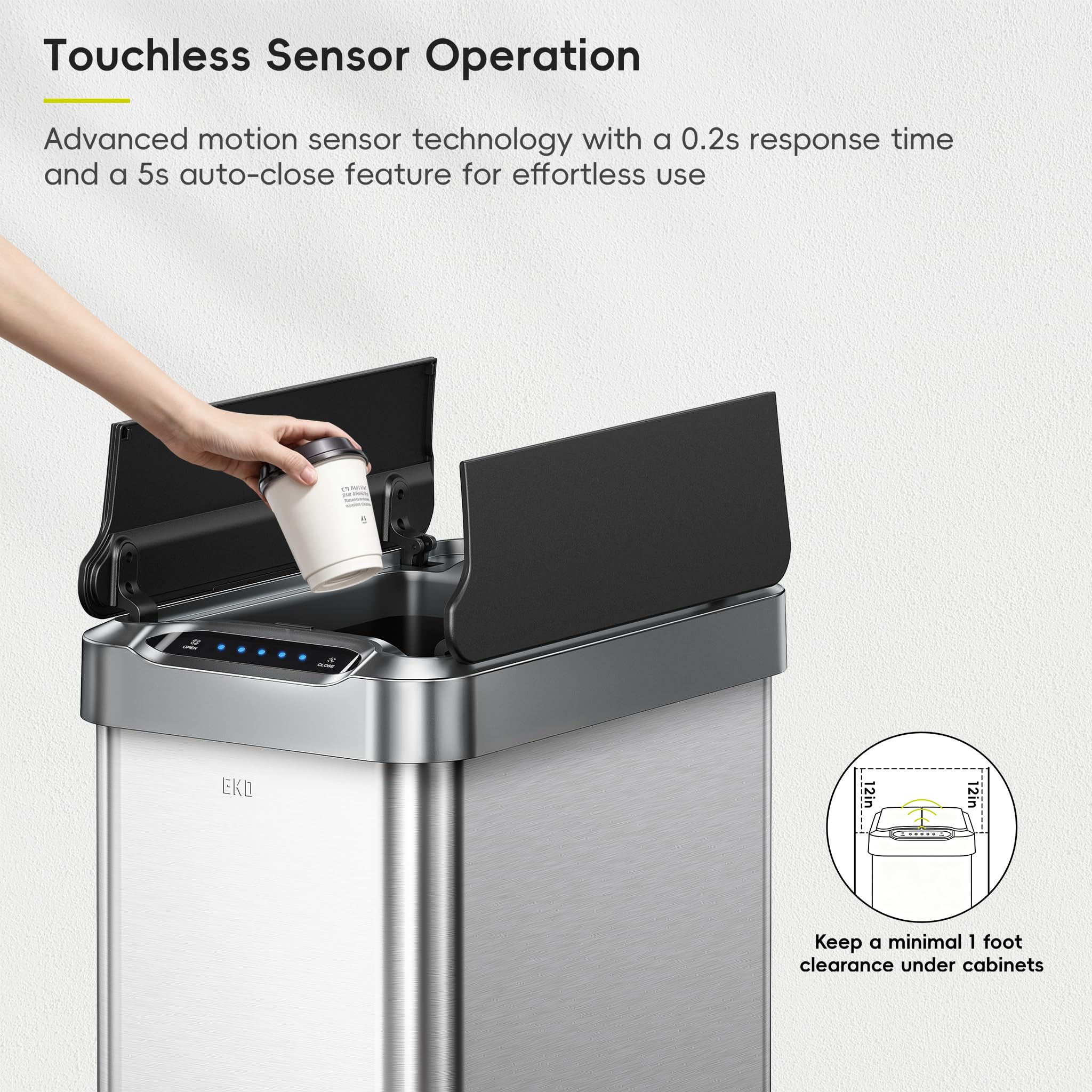 EKO Phantom-T Mülleimer mit vertikalem Bewegungssensor, 50 l, gebürstetes Edelstahl-Finish