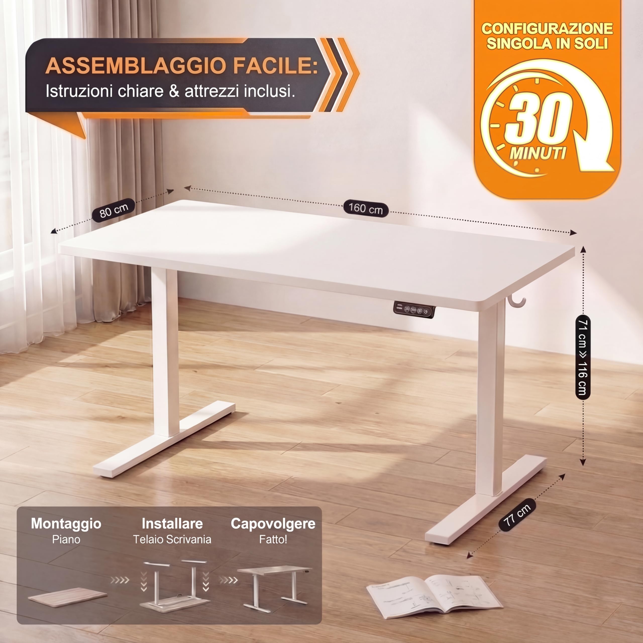 Grandder Scrivania Elettrica Regolabile in Altezza, 160 x 80 cm, Tavolo da Ufficio con Memoria 4 Altezze, Controllo Manuale, Ergonomico Sit-Stand, per Computer/PC, Bianco