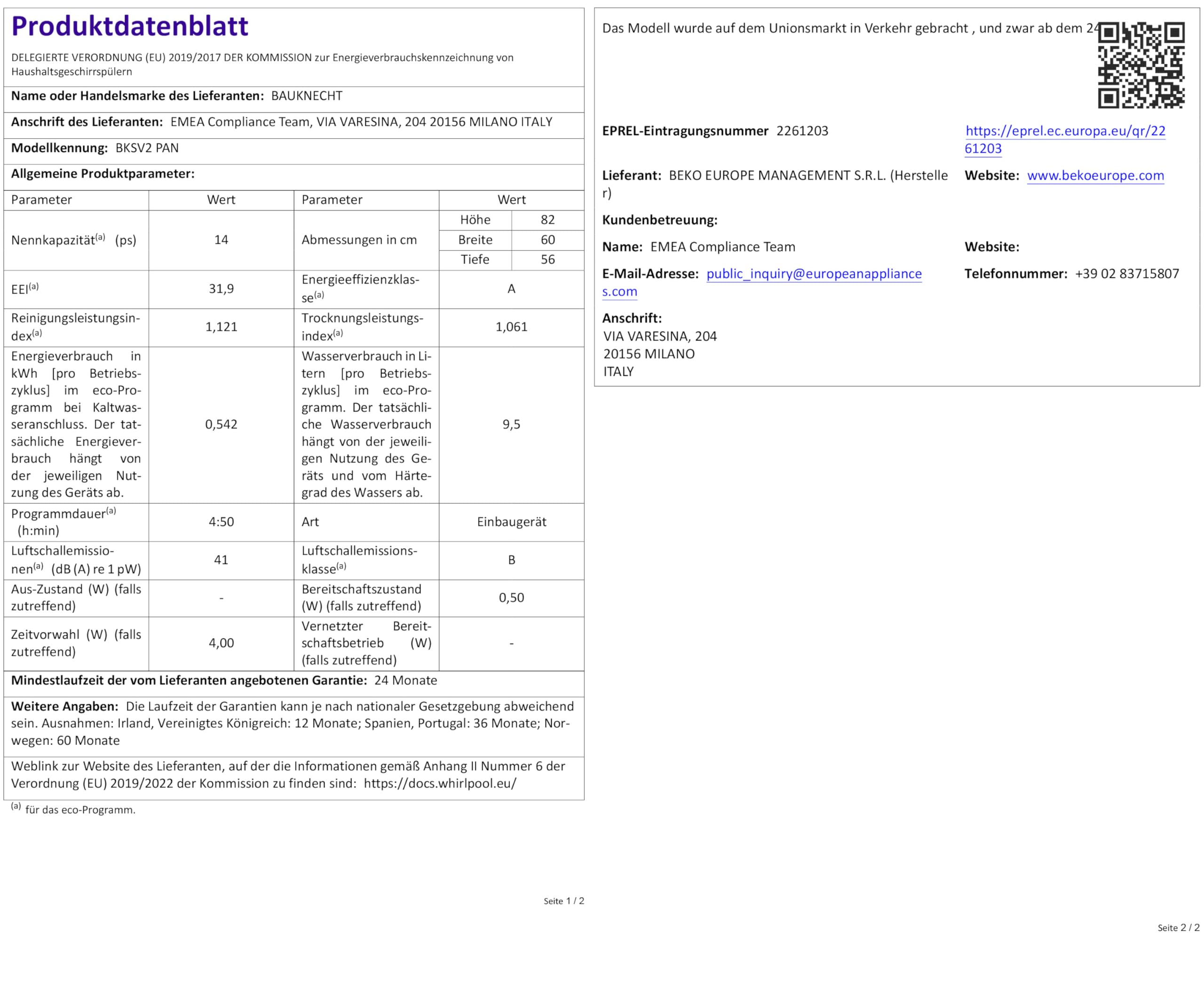 Bauknecht BKSV2 PAN Integrierbarer Geschirrspüler /60 cm/ActiveDry – automatisches Türöffnungssystem/MultiZone – separates Ober- oder Unterkorbspülen/Startzeitvorwahl/Vollwasserschutz/Edelstahl