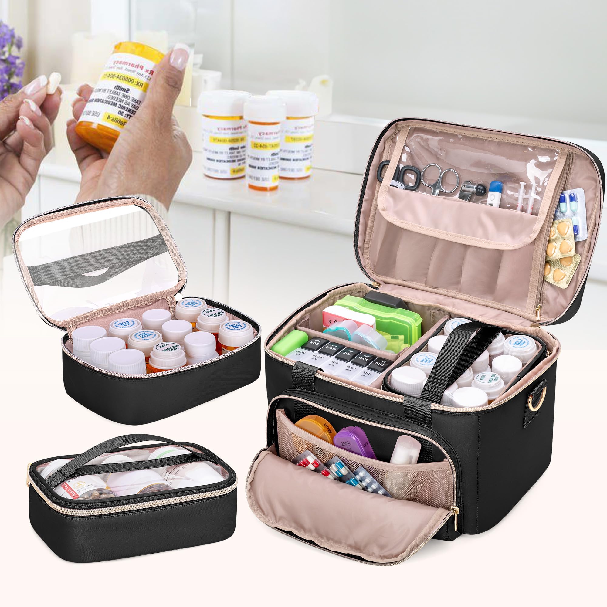 Borsa Porta Medicinali 2 Borse Mediche Organizer Flaconi Pillole Pronto Soccorso Vuota Viaggi Nero