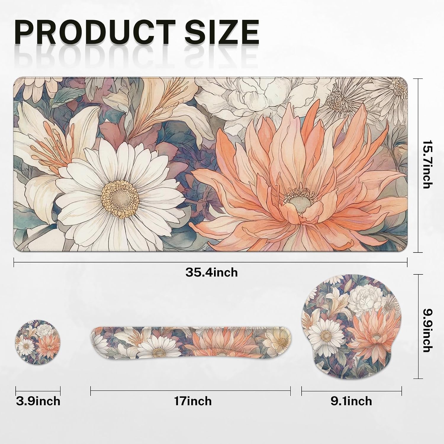 Britimes Boho Aesthetic Flower Keyboard Mouse Pad Set Orange White Florals 4in1 Large Mousepad+Keyboard Wrist Rest+Mouse Wrist Rest+Coaster Ergonomic Design for Home Office Computer 35.4x15.7 inches