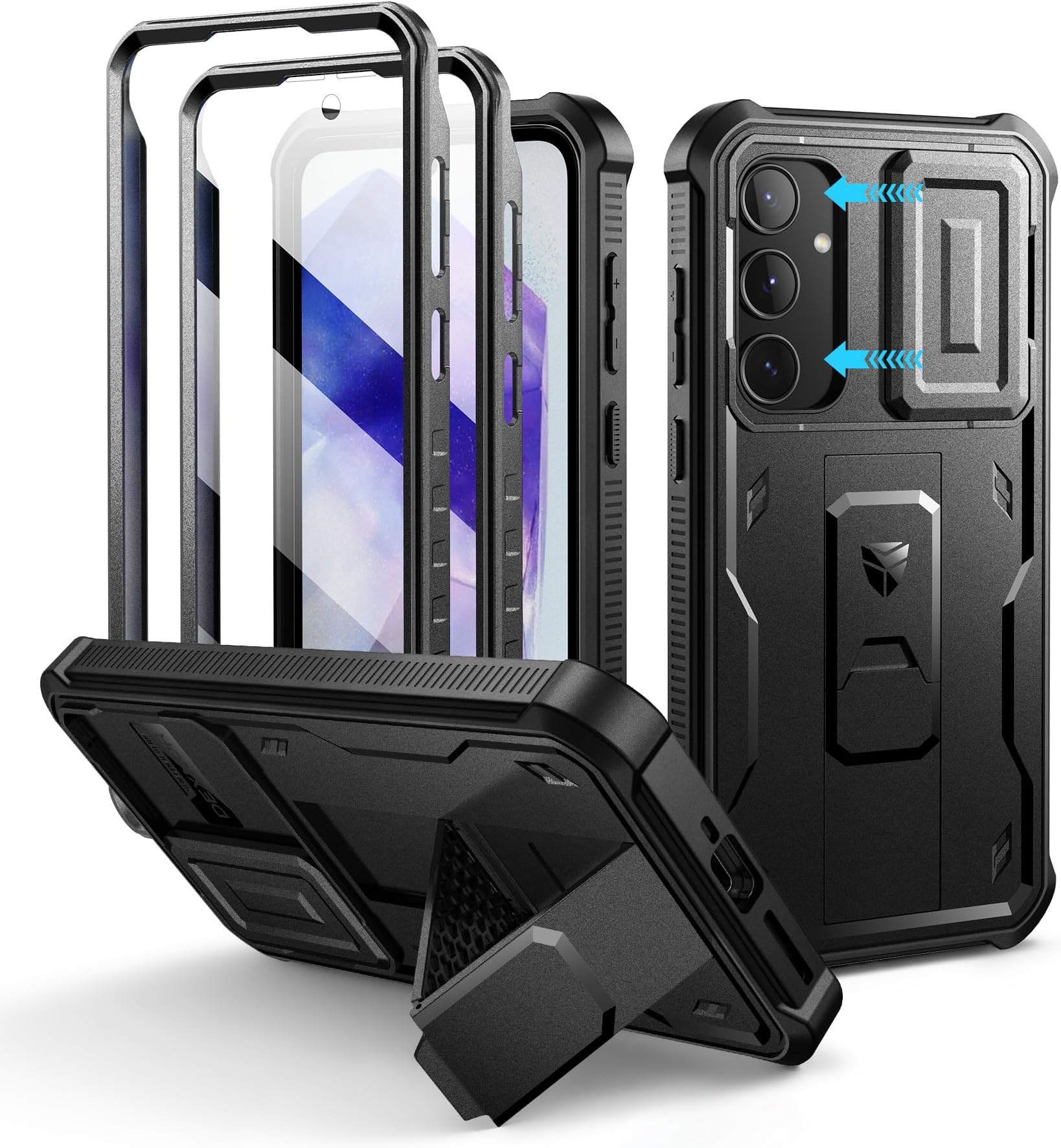 – Dexnor for Samsung Galaxy A55 5g Case with Built-in Slide Camera Cover & Screen Protector & Kickstand, Heavy-Duty Shockproof Rugged Case Full-Body Bumper Protective - Black
