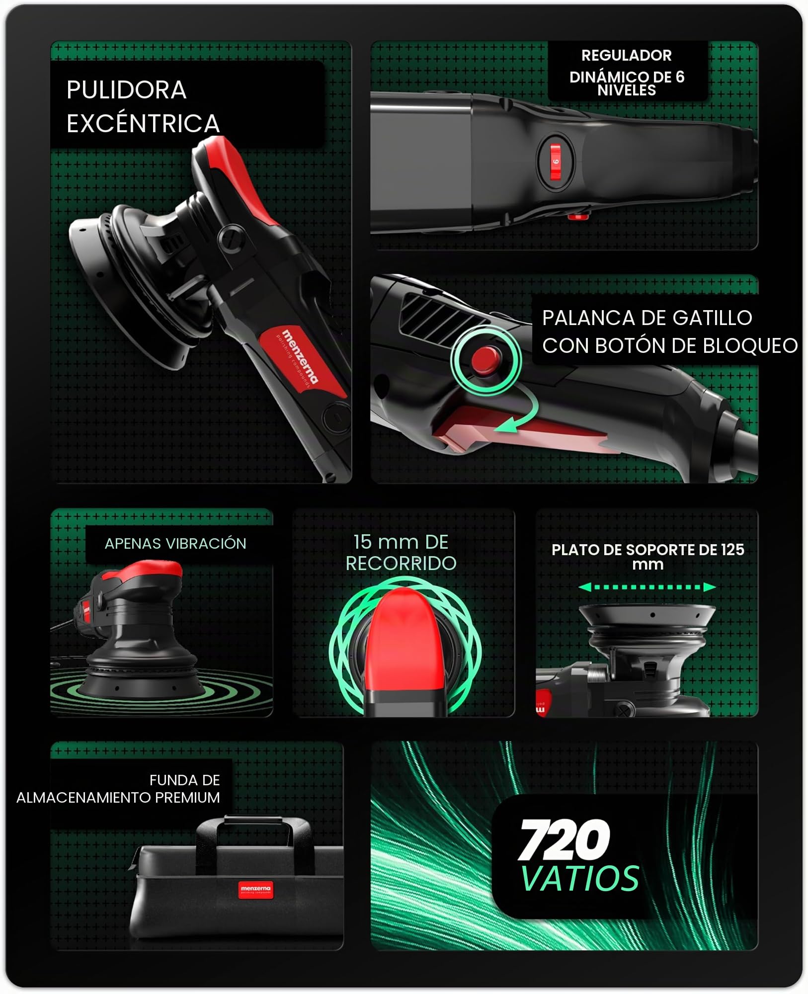 Set de pulido Menzerna para auto | Pulidora excéntrica MZ-XR con plato de apoyo de 125mm + 3 x 100ml de pulidor + paños de pulido + sellado en aerosol | Carrera de 15mm 720W